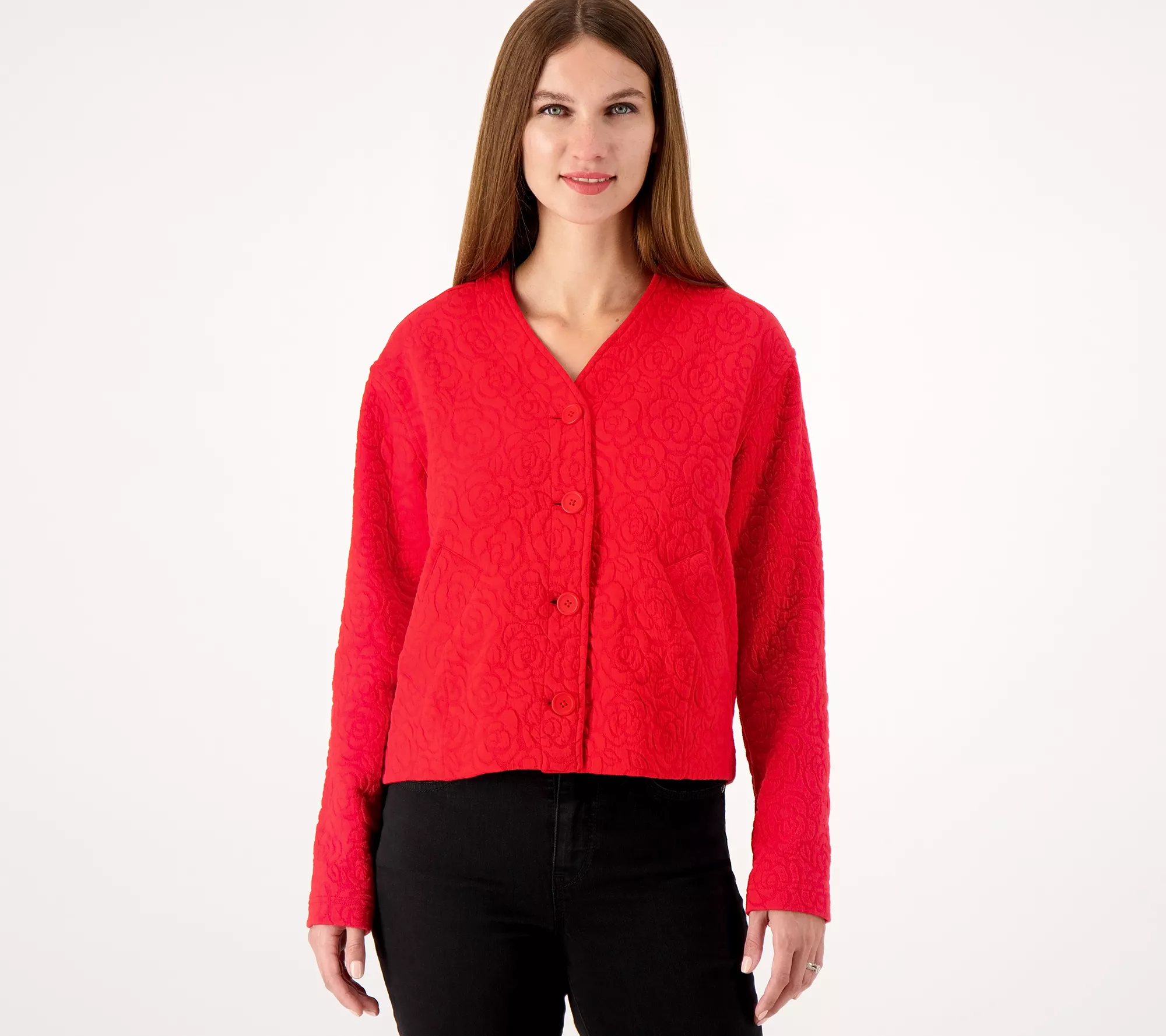 Isaac Mizrahi Live! Button Front Knit Jacquard Crop Jacket