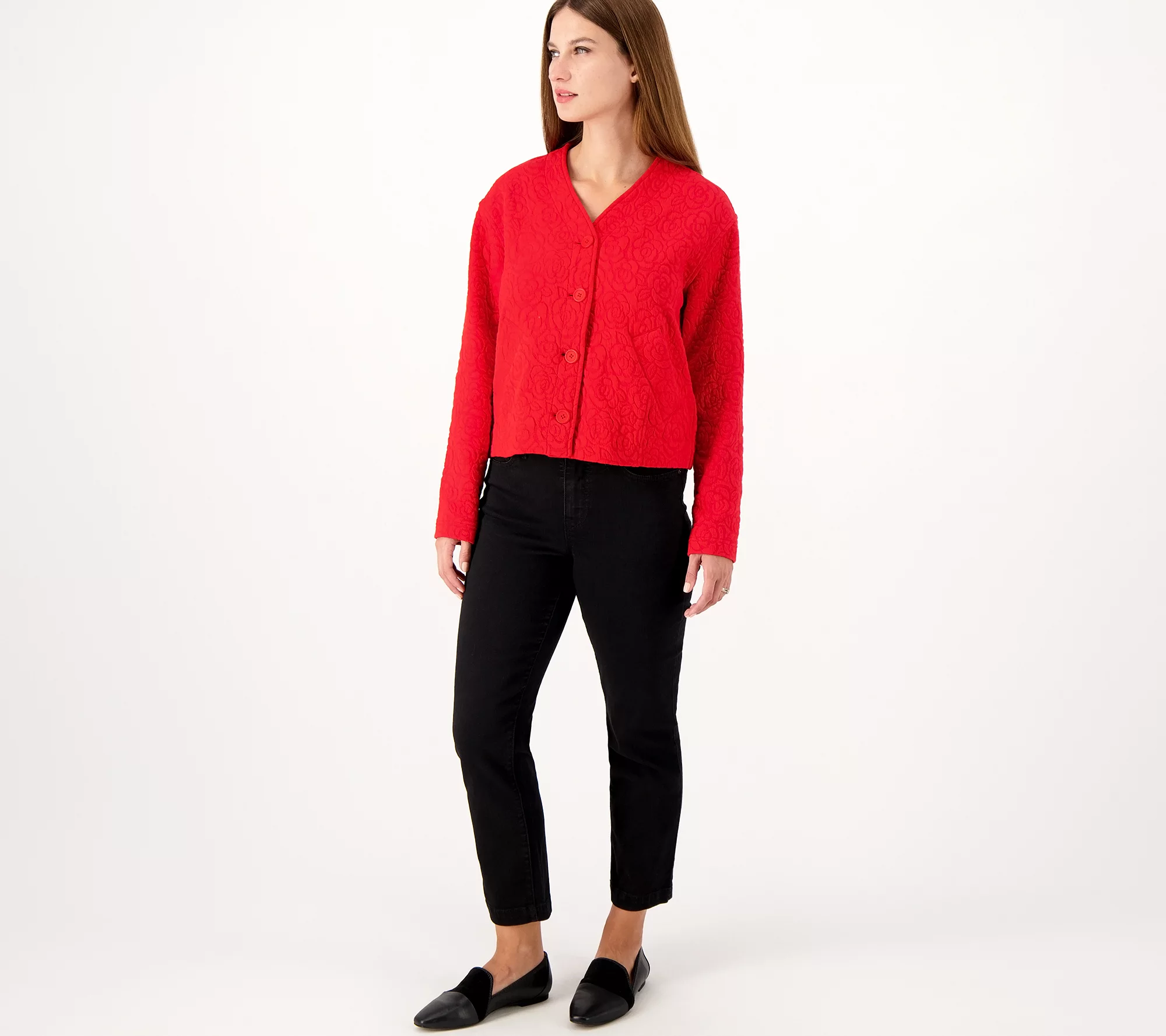 Isaac Mizrahi Live! Button Front Knit Jacquard Crop Jacket