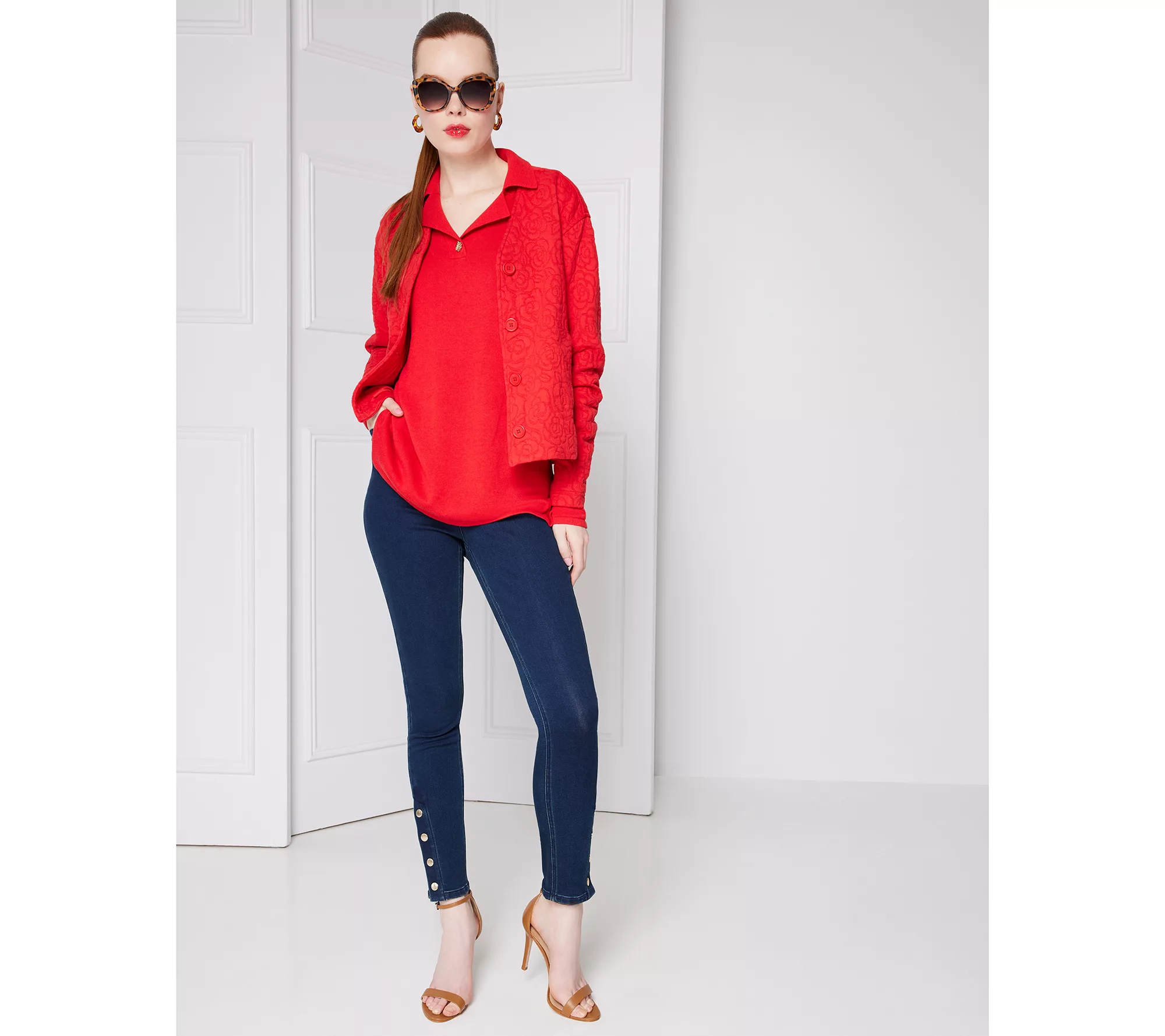 Isaac Mizrahi Live! Button Front Knit Jacquard Crop Jacket