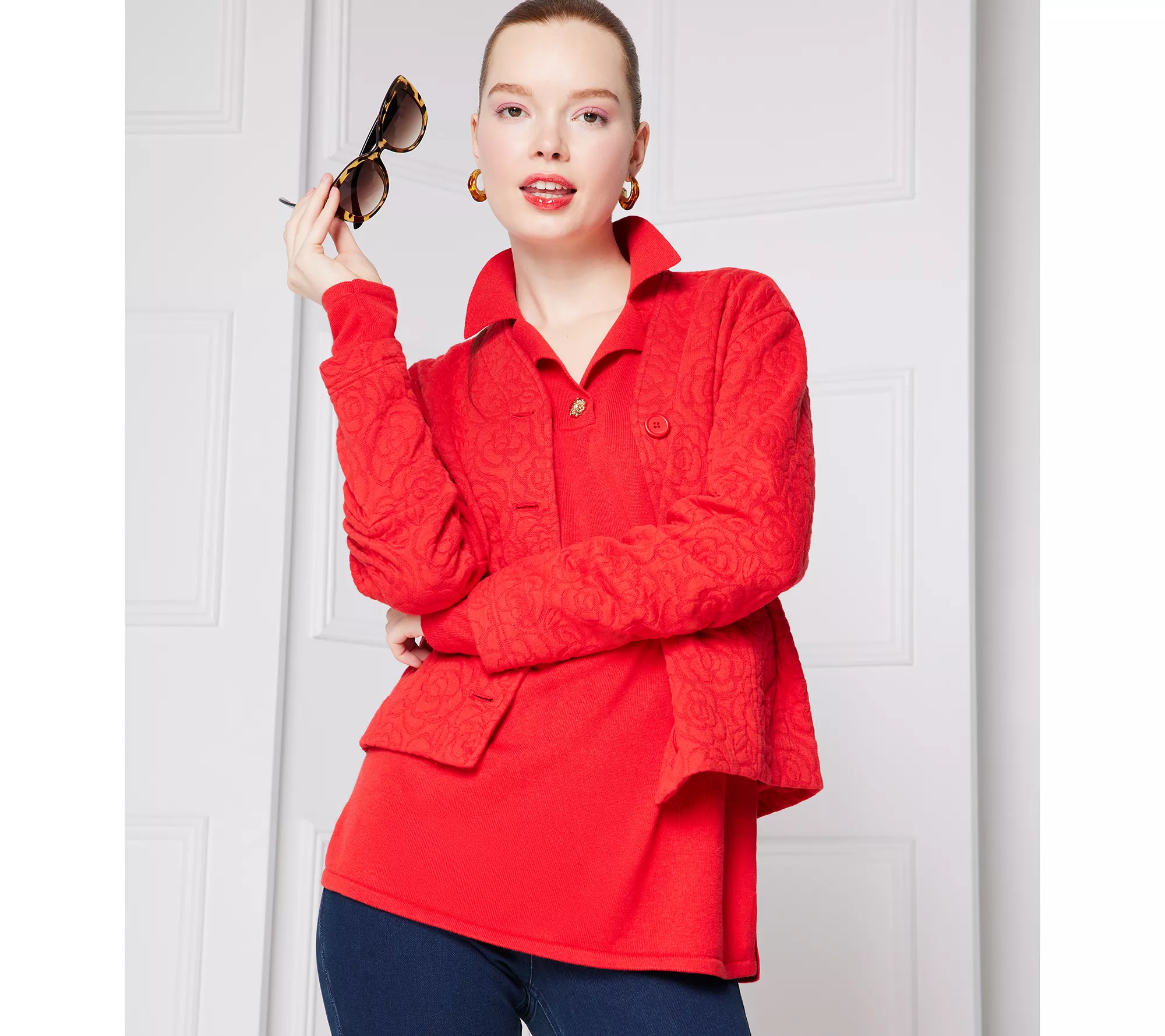 Isaac Mizrahi Live! Button Front Knit Jacquard Crop Jacket