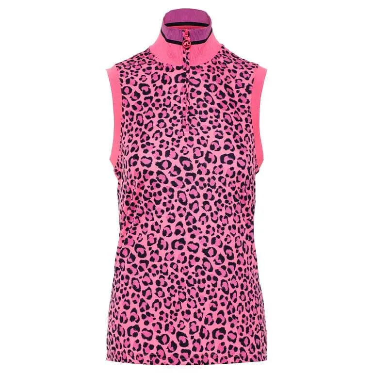 J Lindeberg Audrey Ladies Sleeveless TX Polo Shirt Pink Leopard