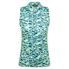 J Lindeberg Dena Print Ladies Sleeveless Golf Polo Shirt Caldera Jade Cream