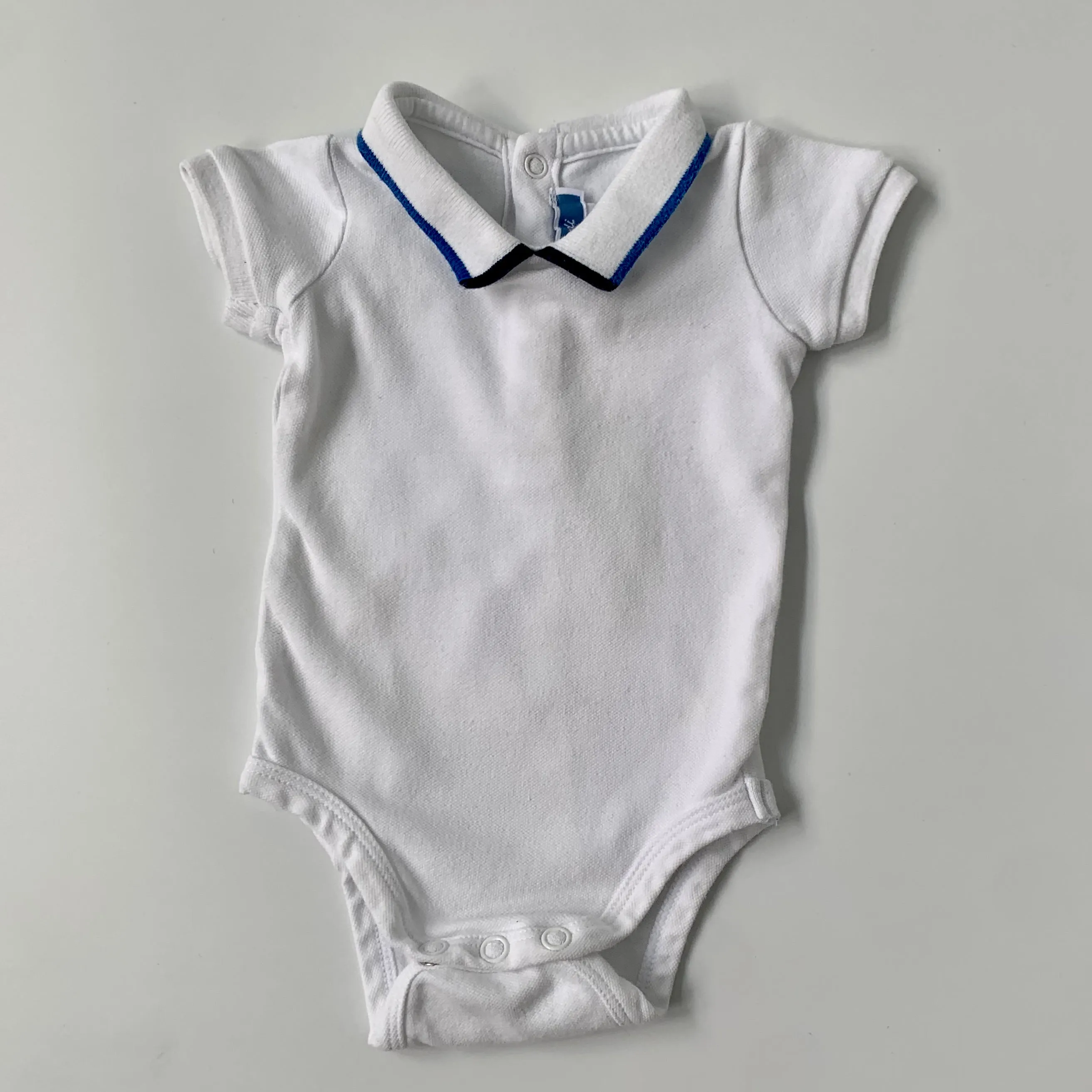 Jacadi White Short Sleeve Bodysuit With Blue Trim Collar: 1 Month