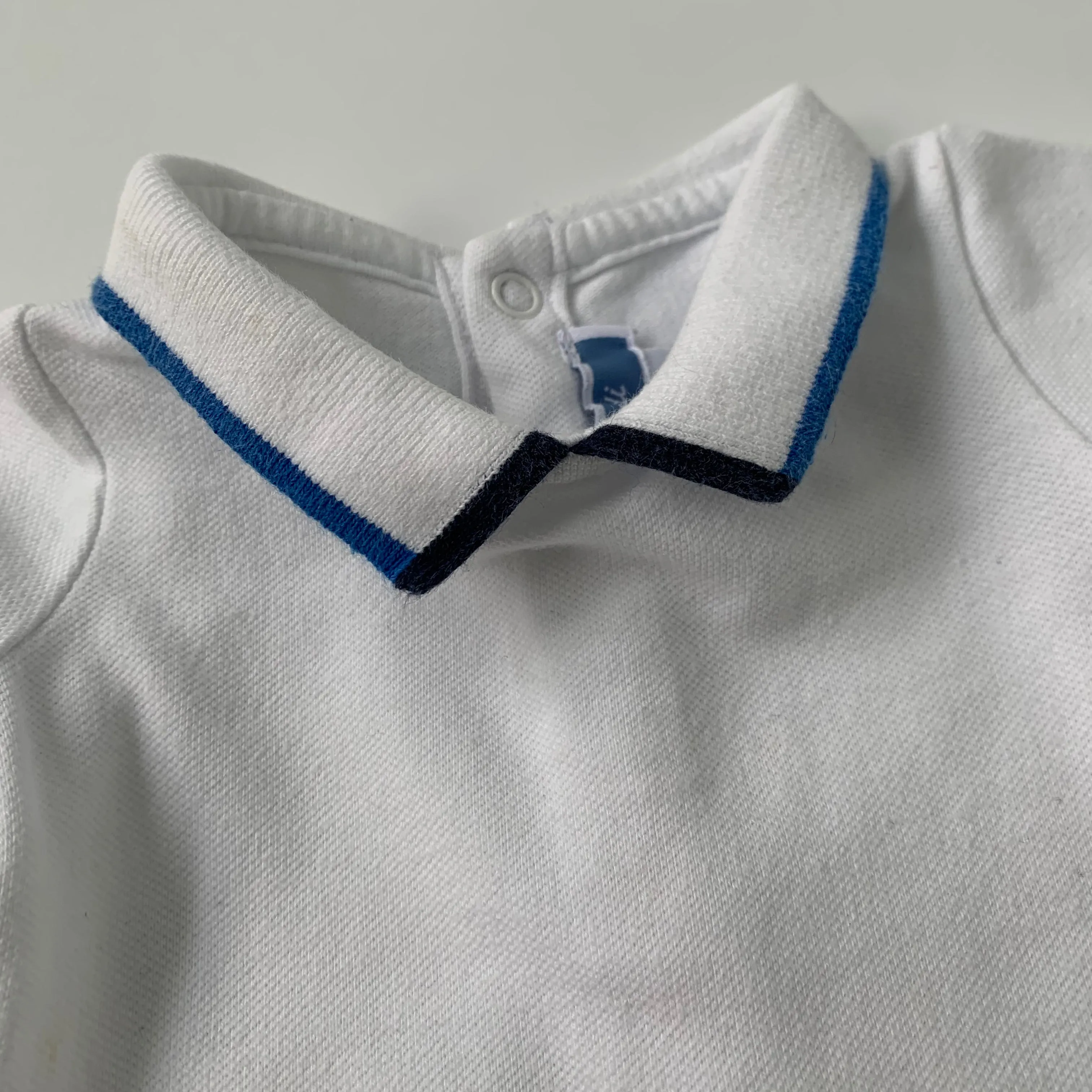 Jacadi White Short Sleeve Bodysuit With Blue Trim Collar: 1 Month