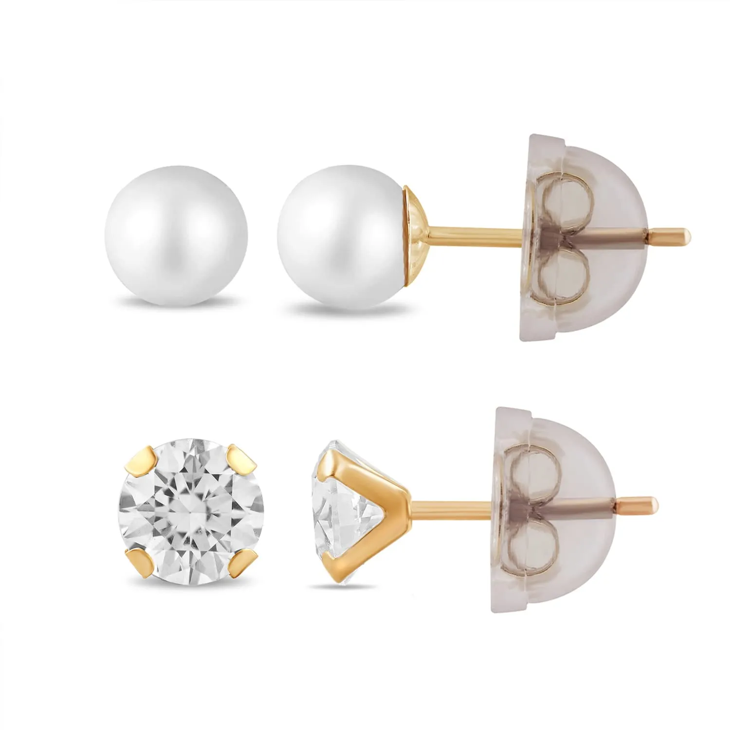 Jewelili 10K Yellow Gold with Round Pearl and White Round Cubic Zirconia Stud Earrings Two Pairs Set