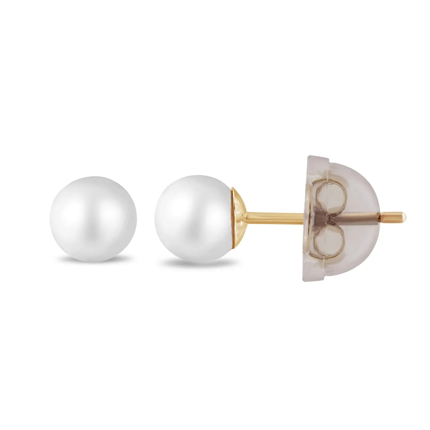 Jewelili 10K Yellow Gold with Round Pearl and White Round Cubic Zirconia Stud Earrings Two Pairs Set