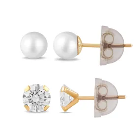 Jewelili 10K Yellow Gold with Round Pearl and White Round Cubic Zirconia Stud Earrings Two Pairs Set