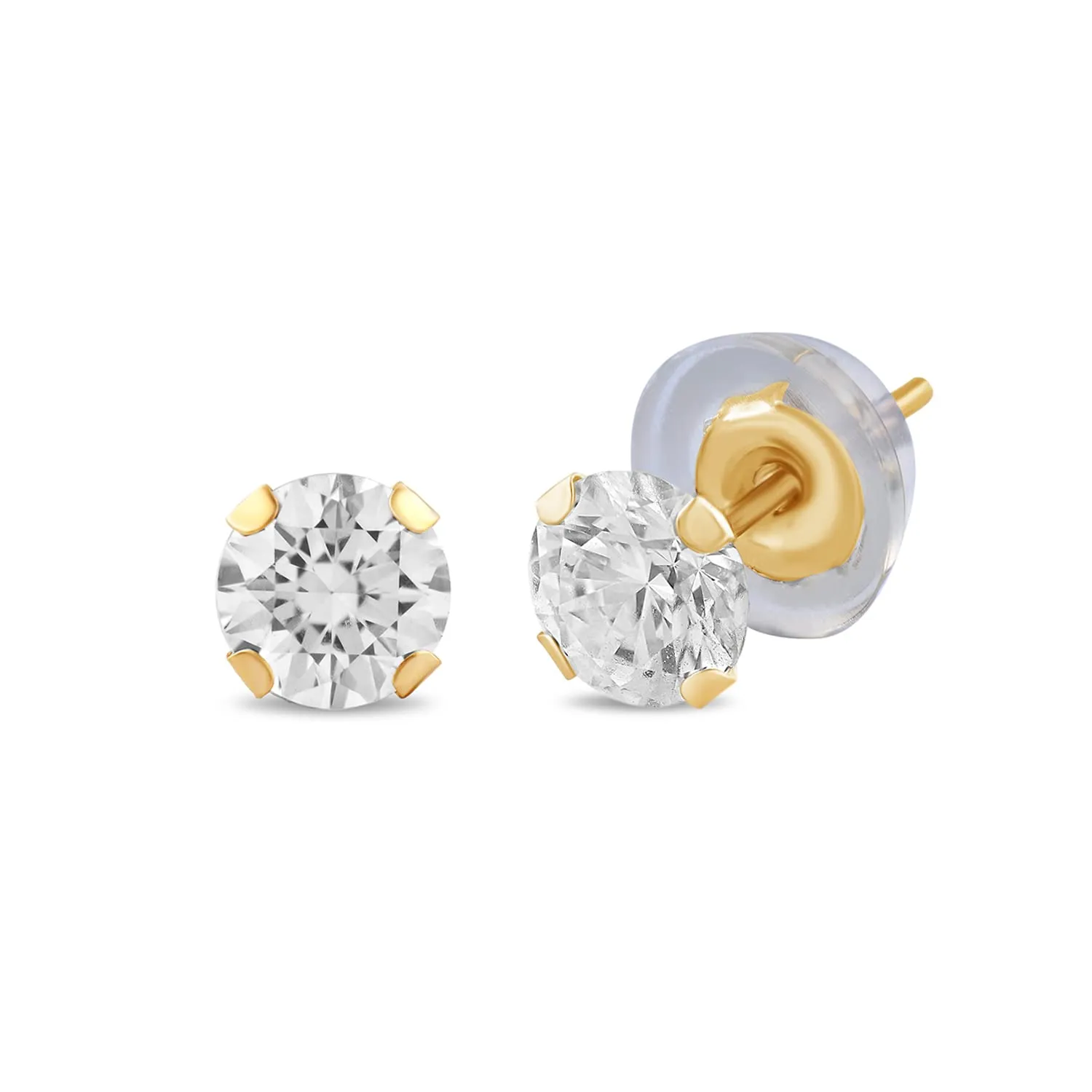 Jewelili 10K Yellow Gold with Round Pearl and White Round Cubic Zirconia Stud Earrings Two Pairs Set