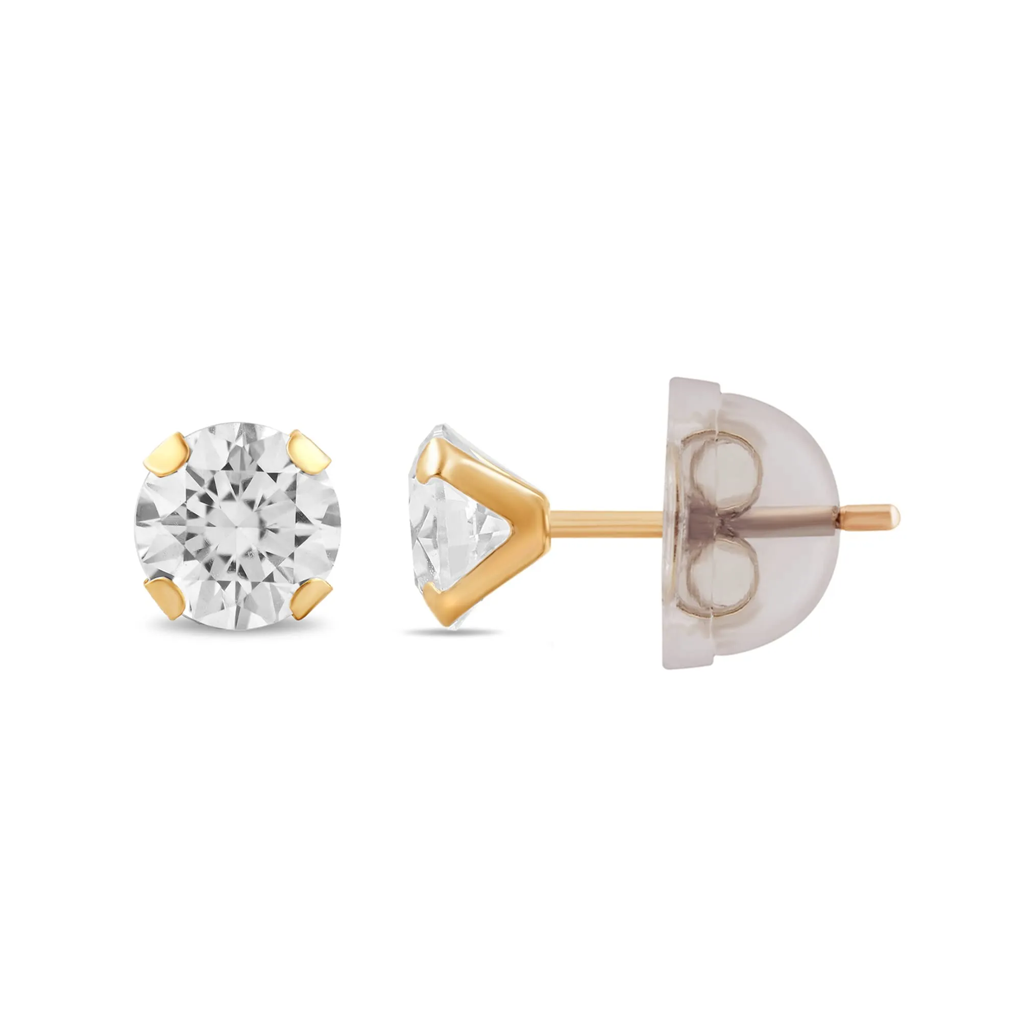 Jewelili 10K Yellow Gold with Round Pearl and White Round Cubic Zirconia Stud Earrings Two Pairs Set