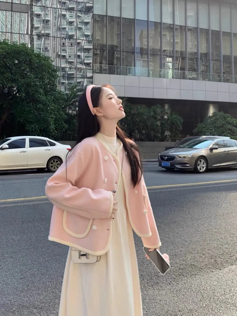 kumikumi sweet style suit pink woolen coat women's autumn half turtleneck long-sleeved dress two-piece set