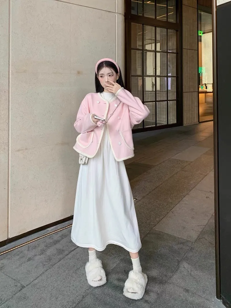 kumikumi sweet style suit pink woolen coat women's autumn half turtleneck long-sleeved dress two-piece set