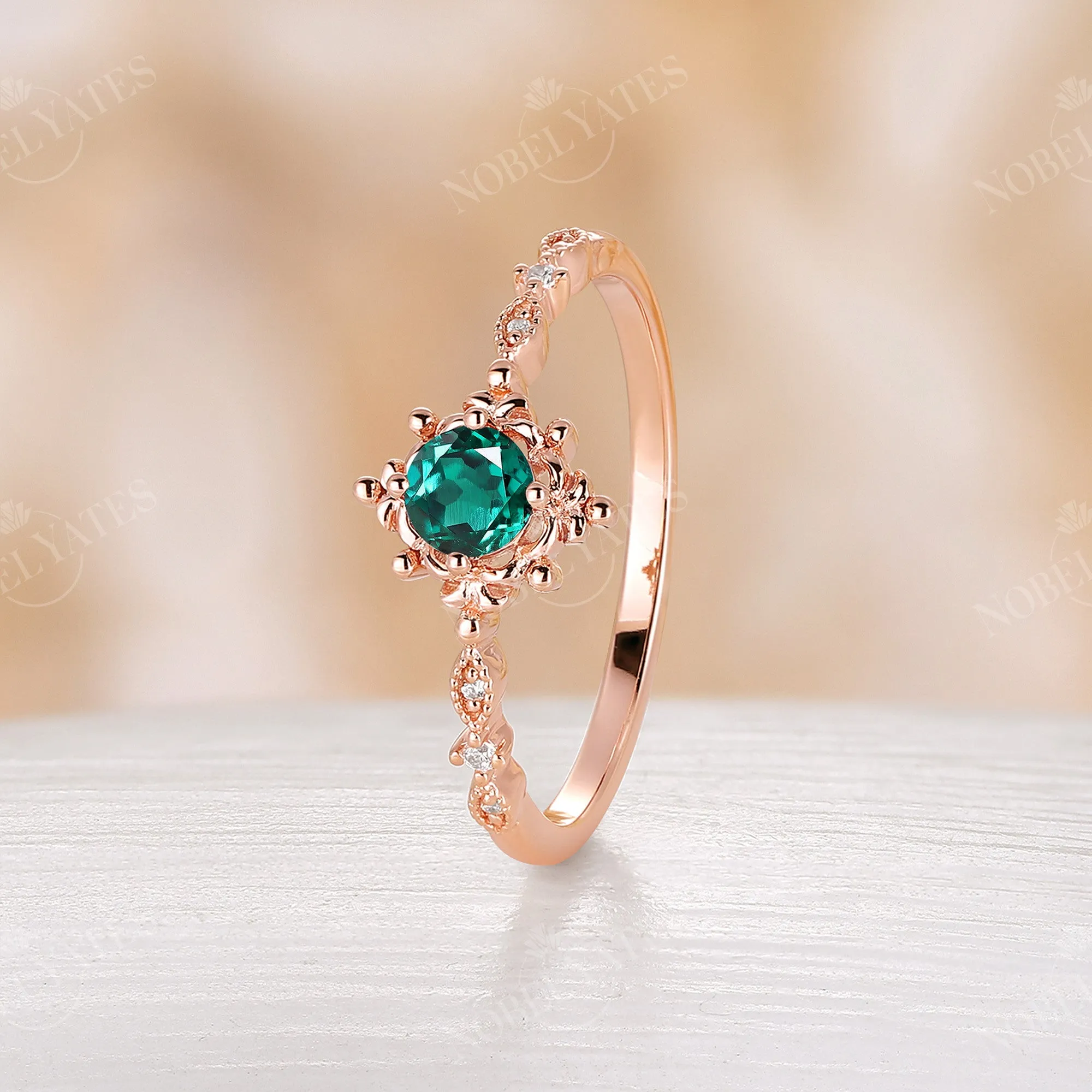 Lab Emerald & Diamond Milgrain Engagement Ring Rose Gold