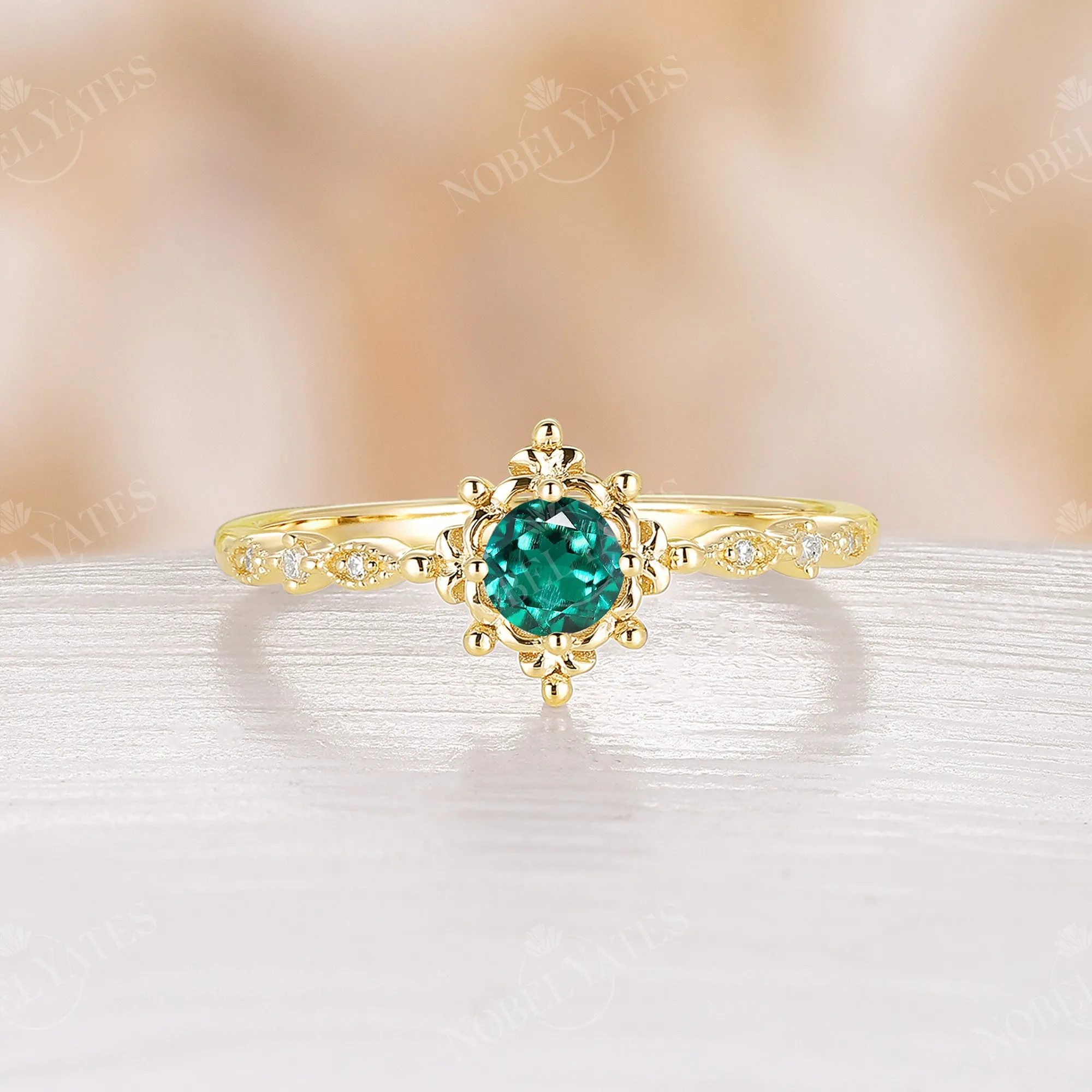 Lab Emerald & Diamond Milgrain Engagement Ring Rose Gold