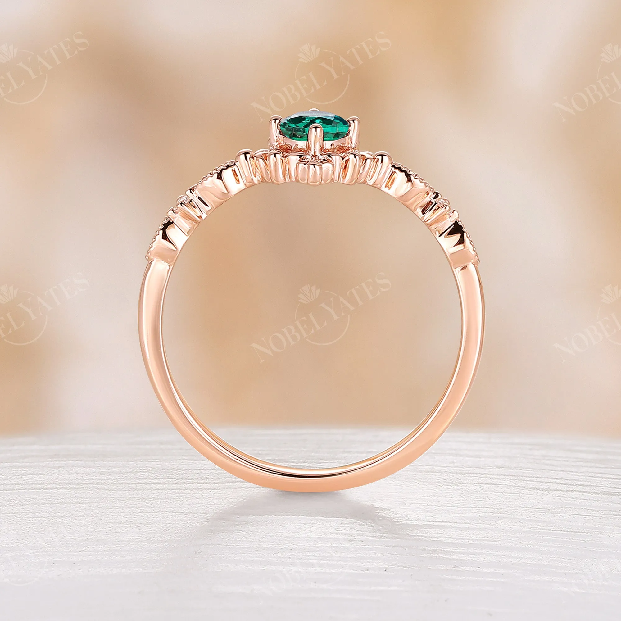 Lab Emerald & Diamond Milgrain Engagement Ring Rose Gold