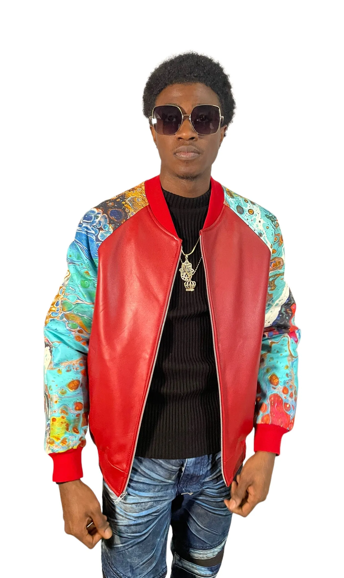 Leather baseball jacket with digital print leather sleeves #1011