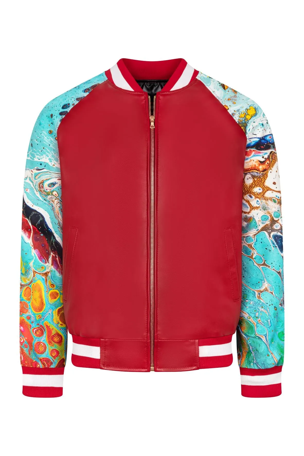 Leather baseball jacket with digital print leather sleeves #1011