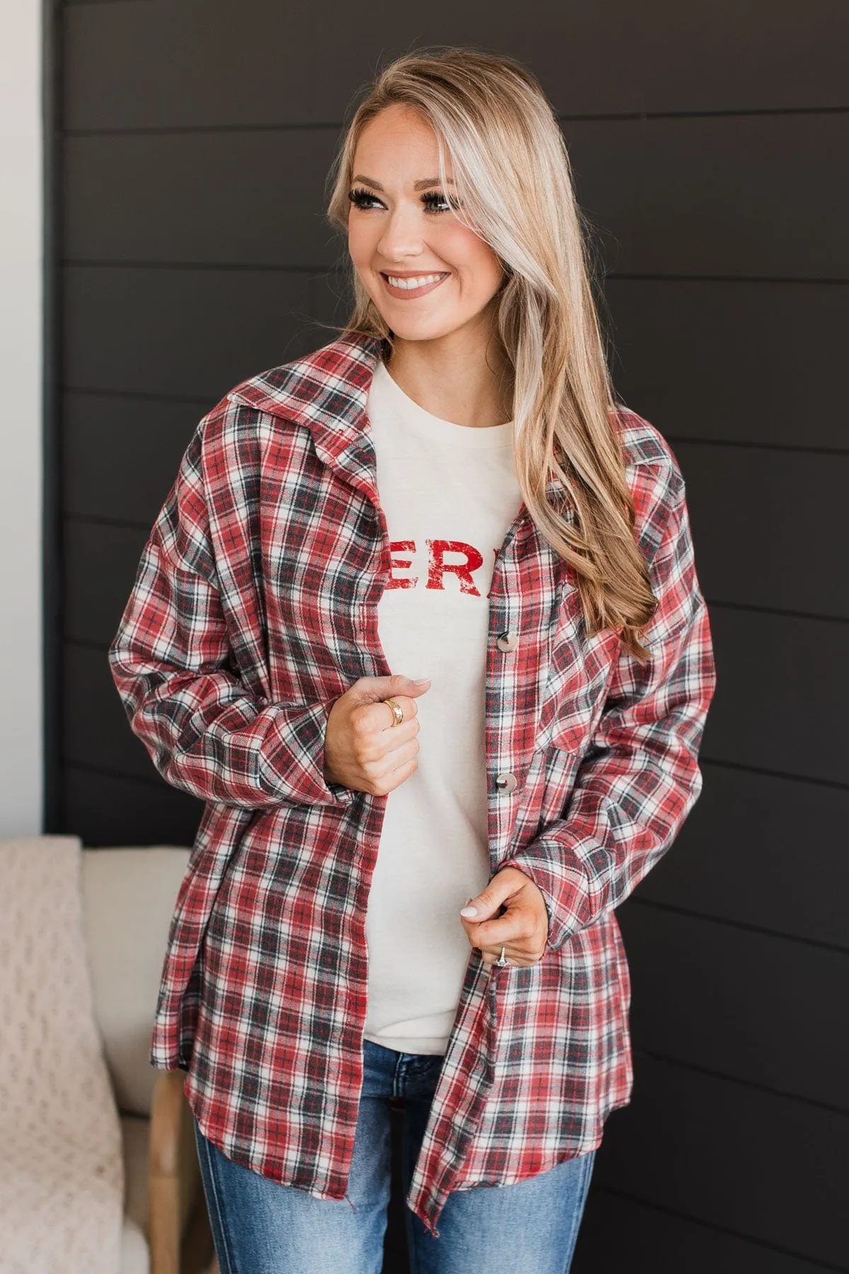 Little Moments Plaid Button Top- Red & Charcoal