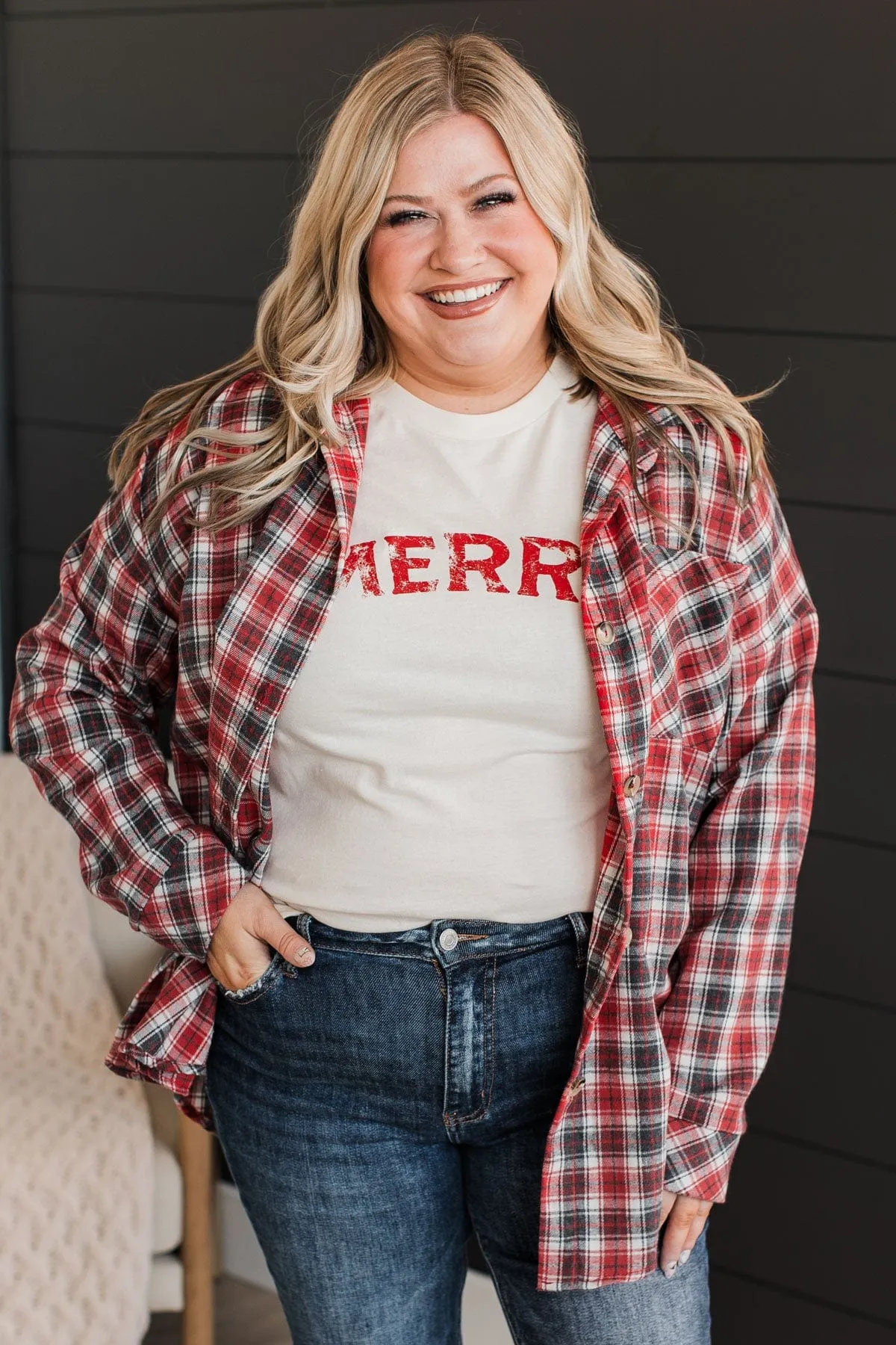 Little Moments Plaid Button Top- Red & Charcoal