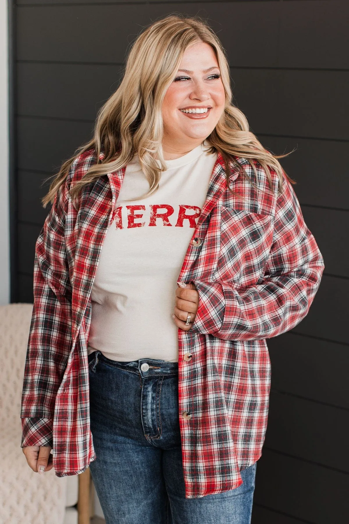 Little Moments Plaid Button Top- Red & Charcoal