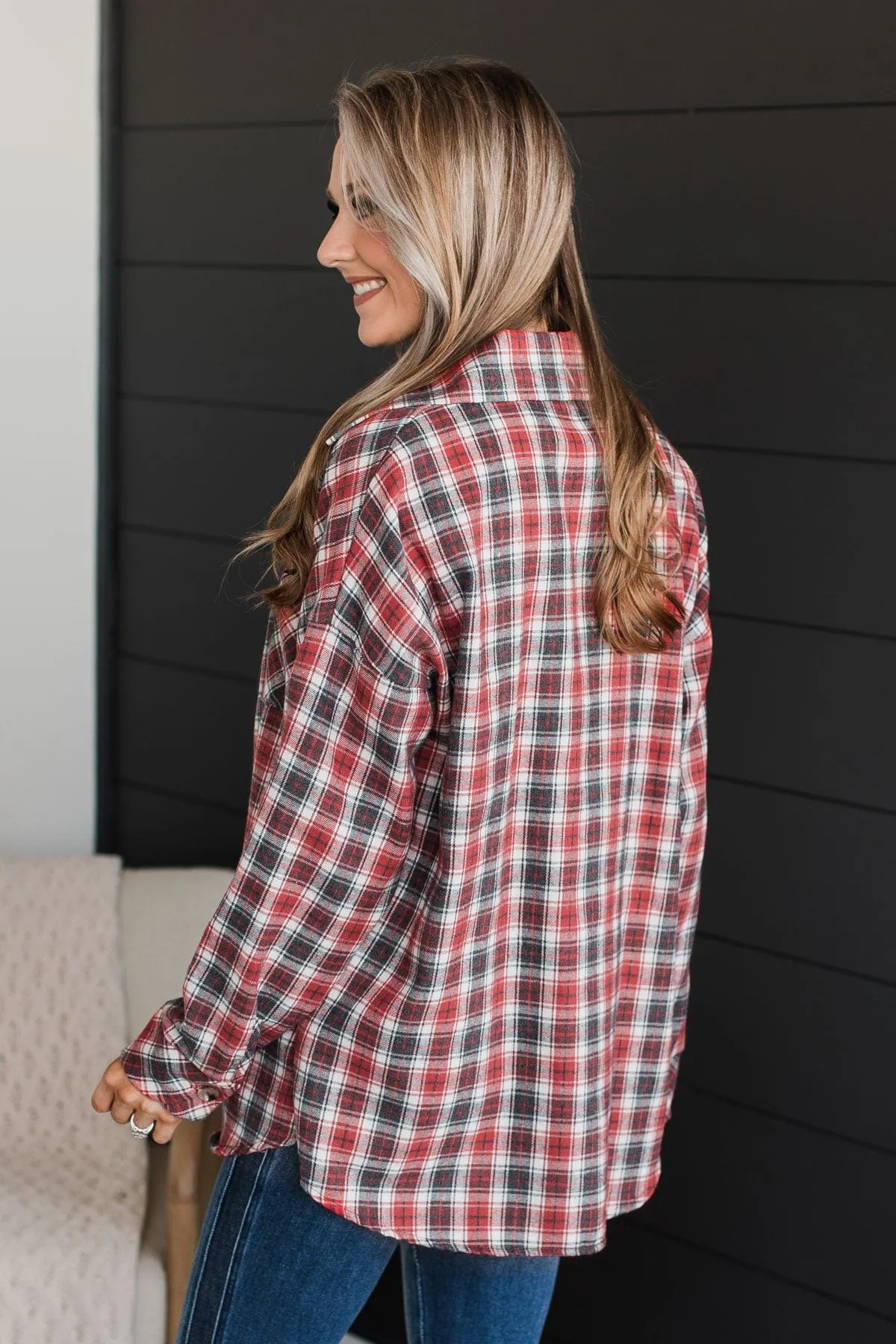 Little Moments Plaid Button Top- Red & Charcoal