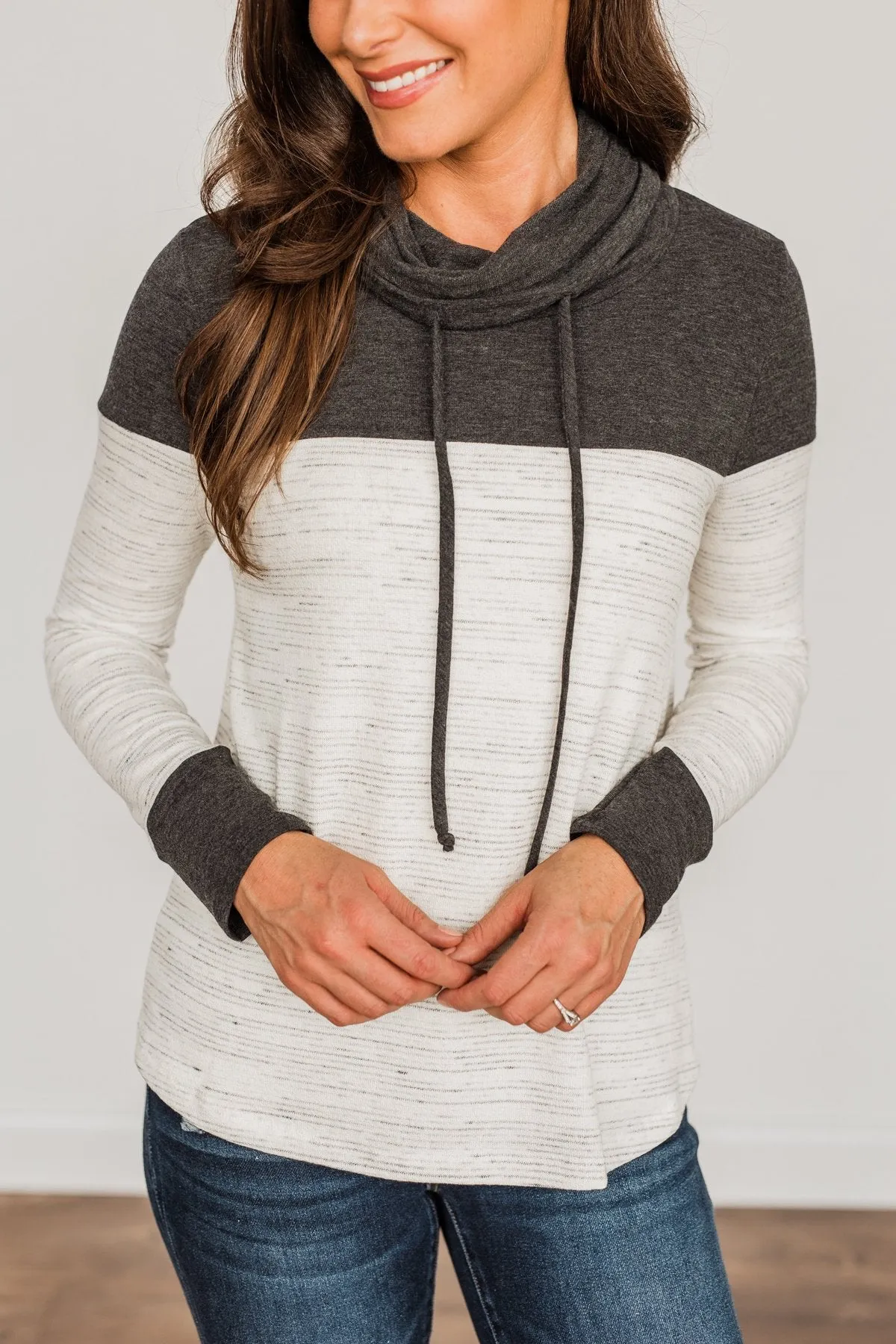 Live Well Cowl Neck Color Block Top- Ivory & Charcoal