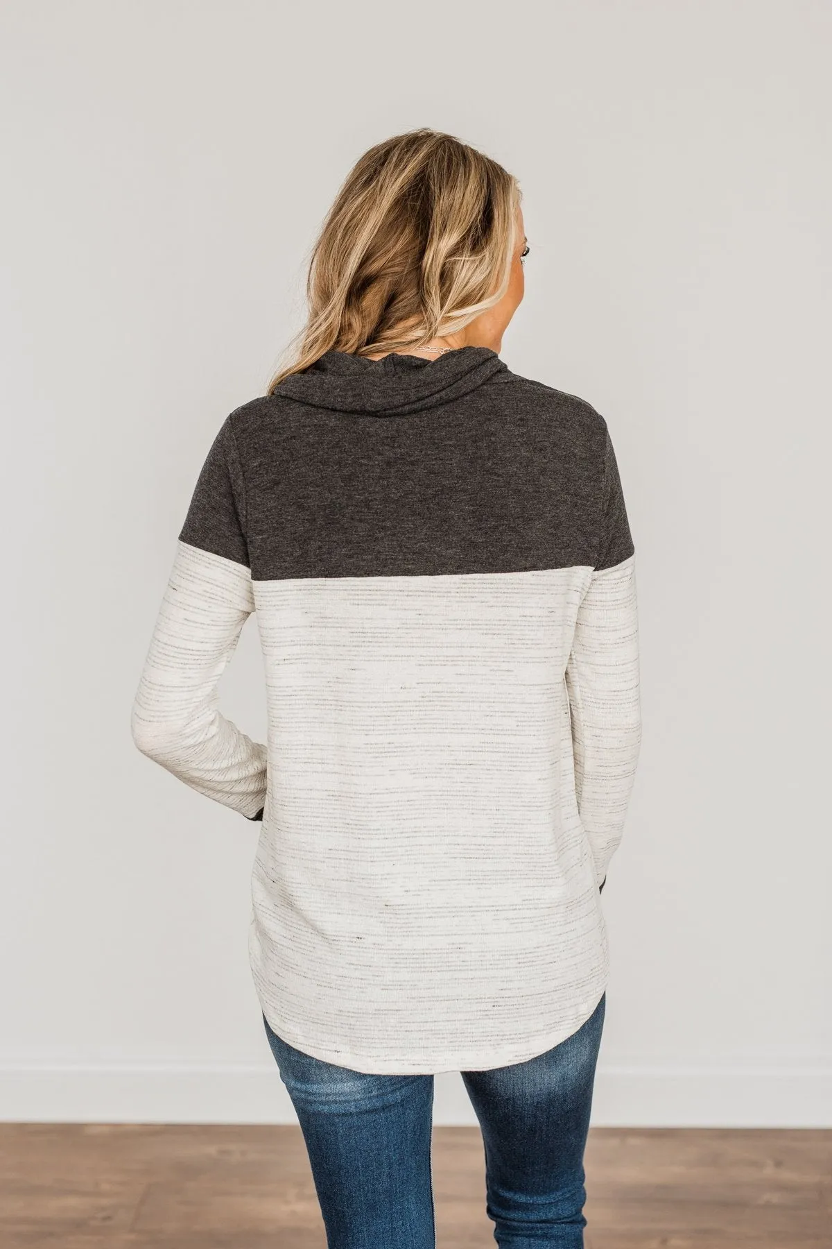 Live Well Cowl Neck Color Block Top- Ivory & Charcoal