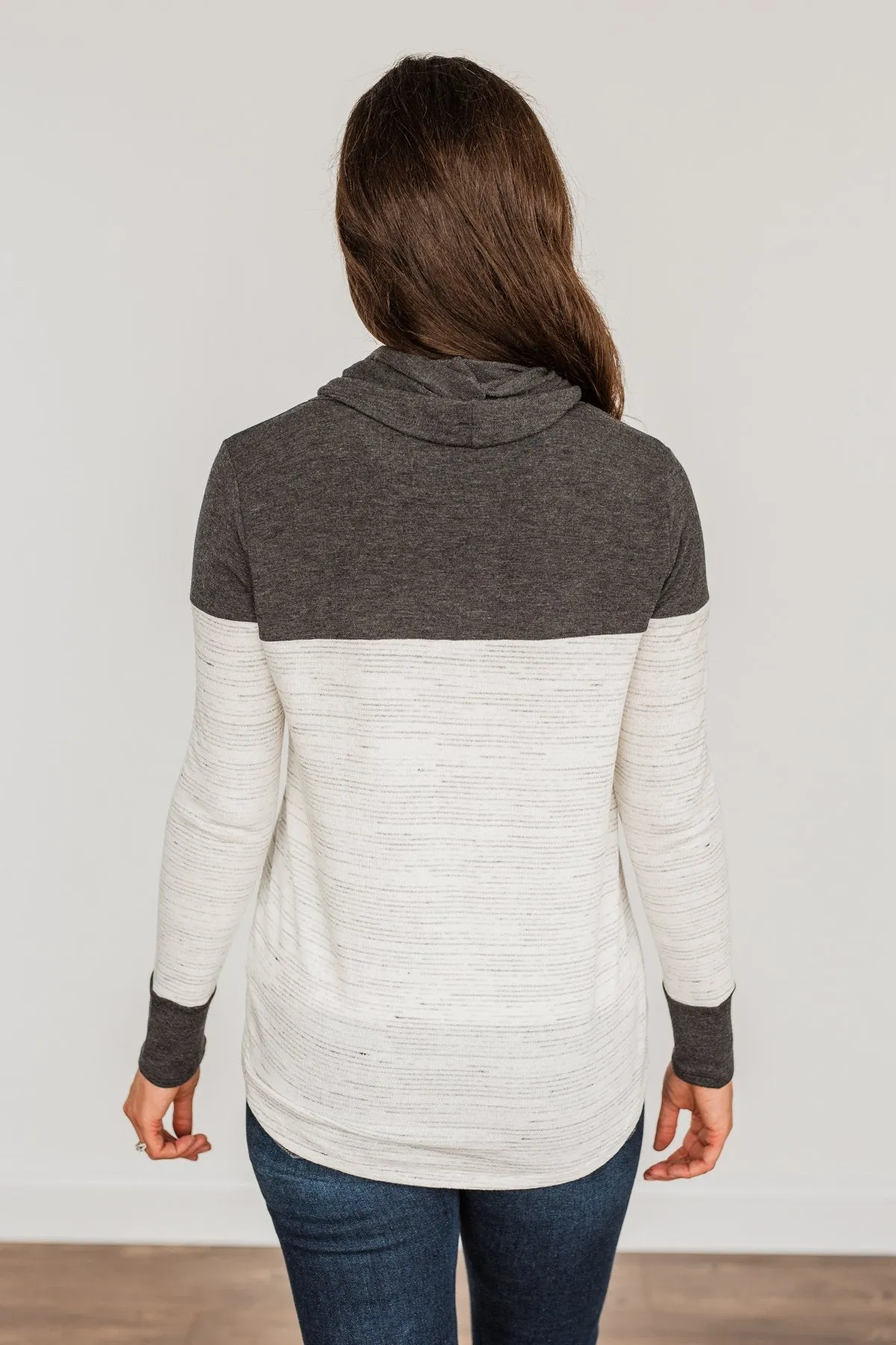 Live Well Cowl Neck Color Block Top- Ivory & Charcoal