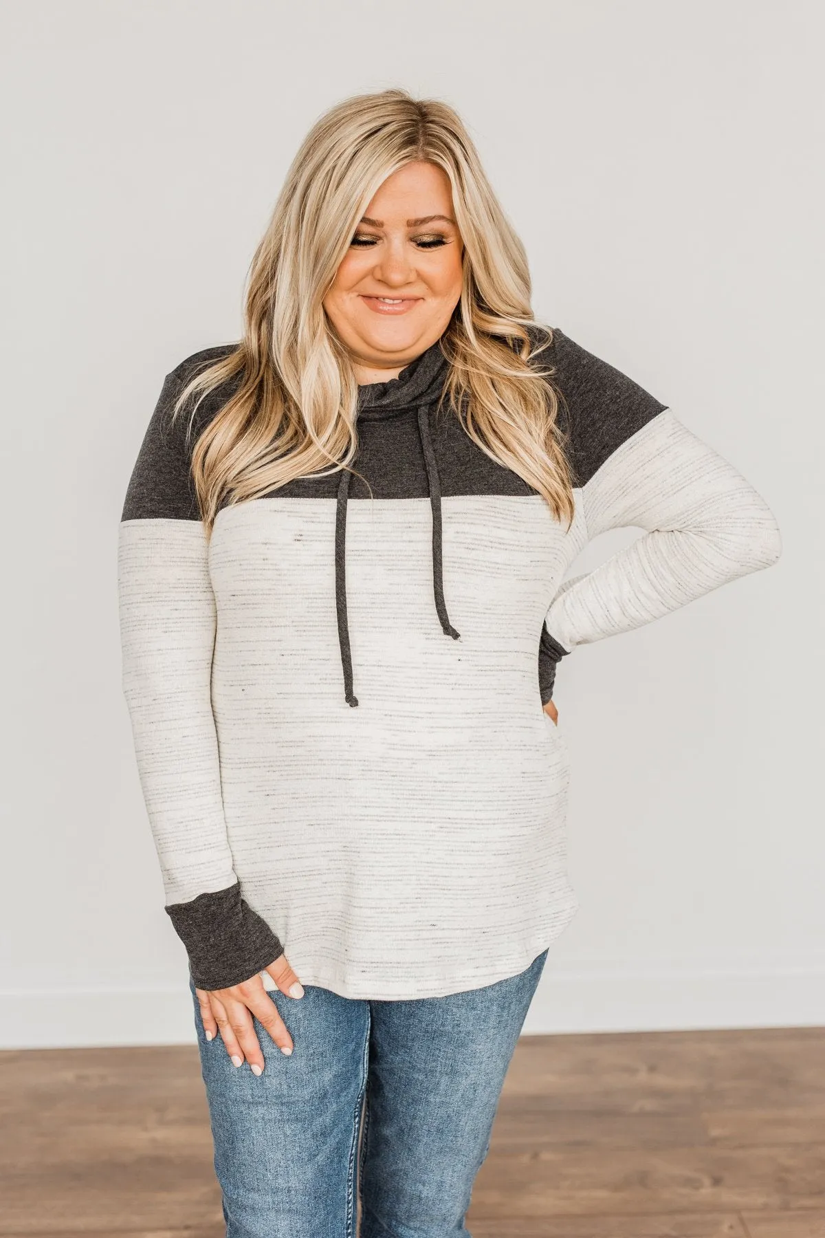 Live Well Cowl Neck Color Block Top- Ivory & Charcoal