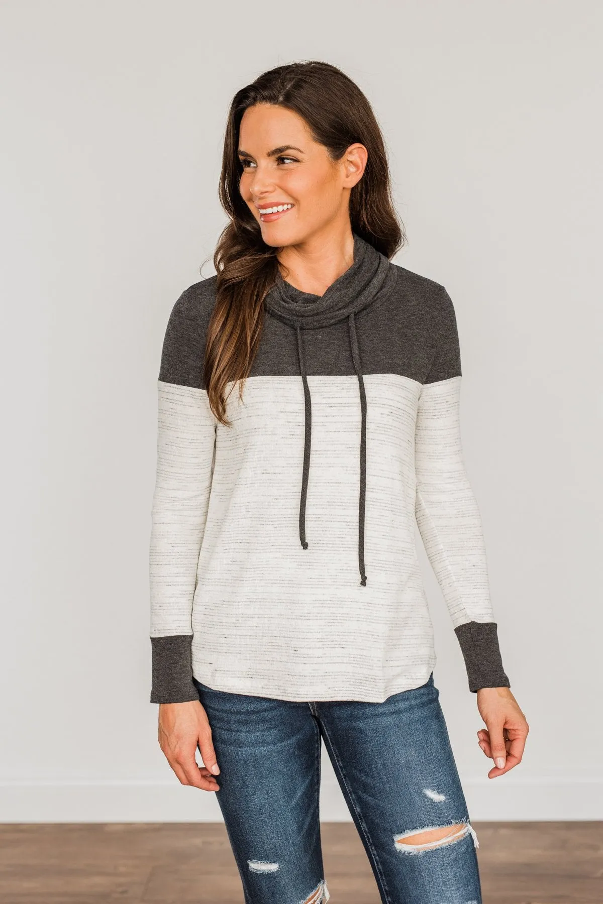 Live Well Cowl Neck Color Block Top- Ivory & Charcoal