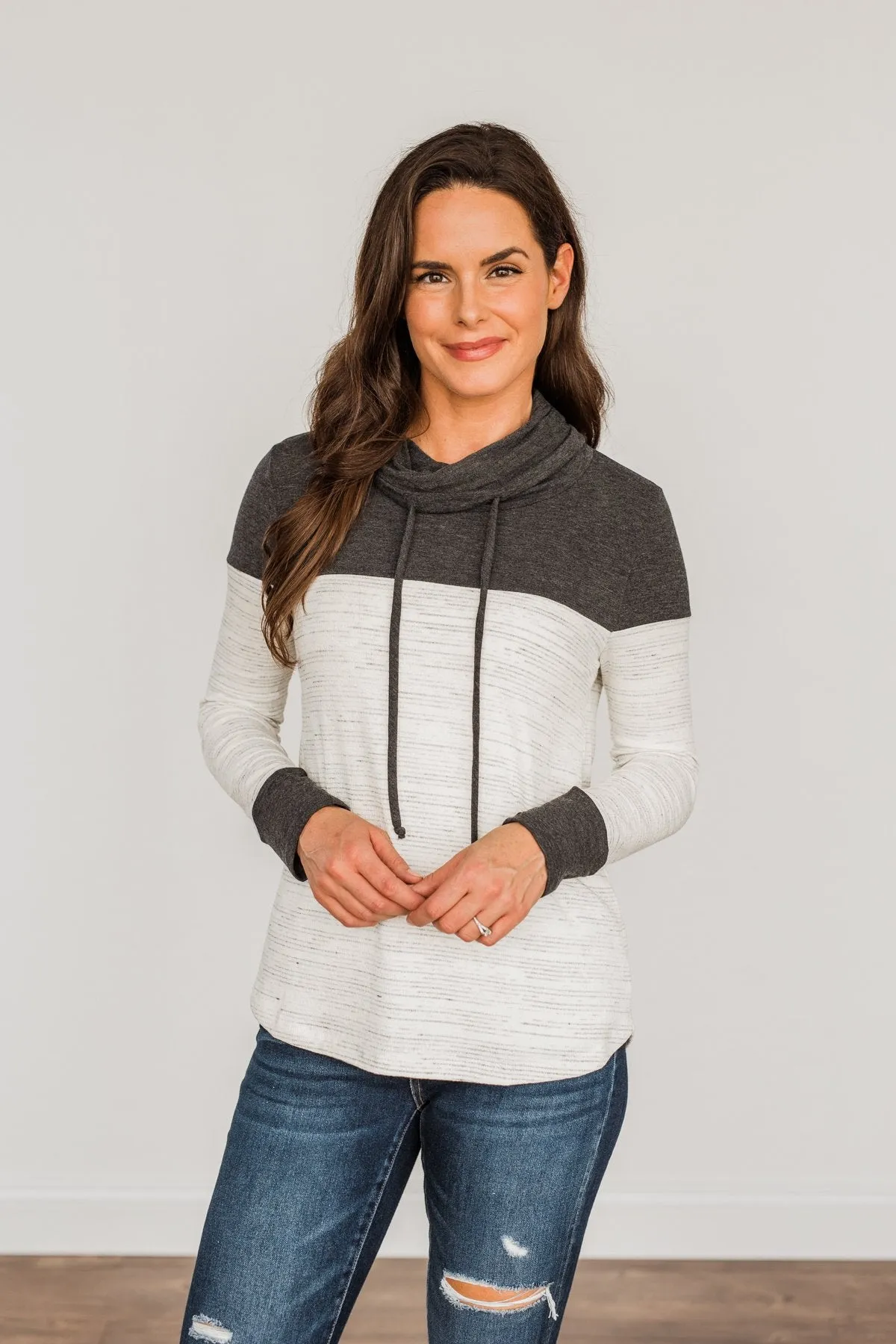 Live Well Cowl Neck Color Block Top- Ivory & Charcoal