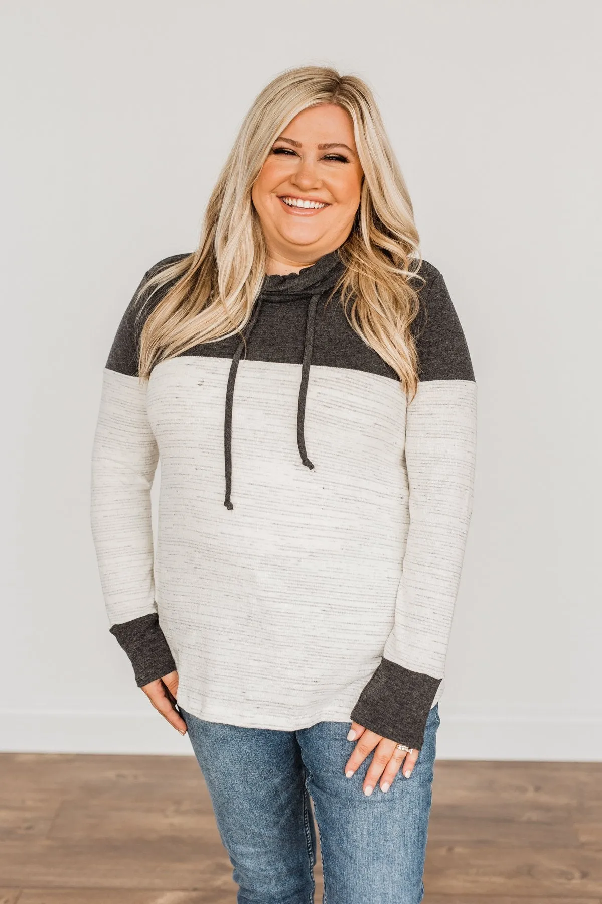 Live Well Cowl Neck Color Block Top- Ivory & Charcoal