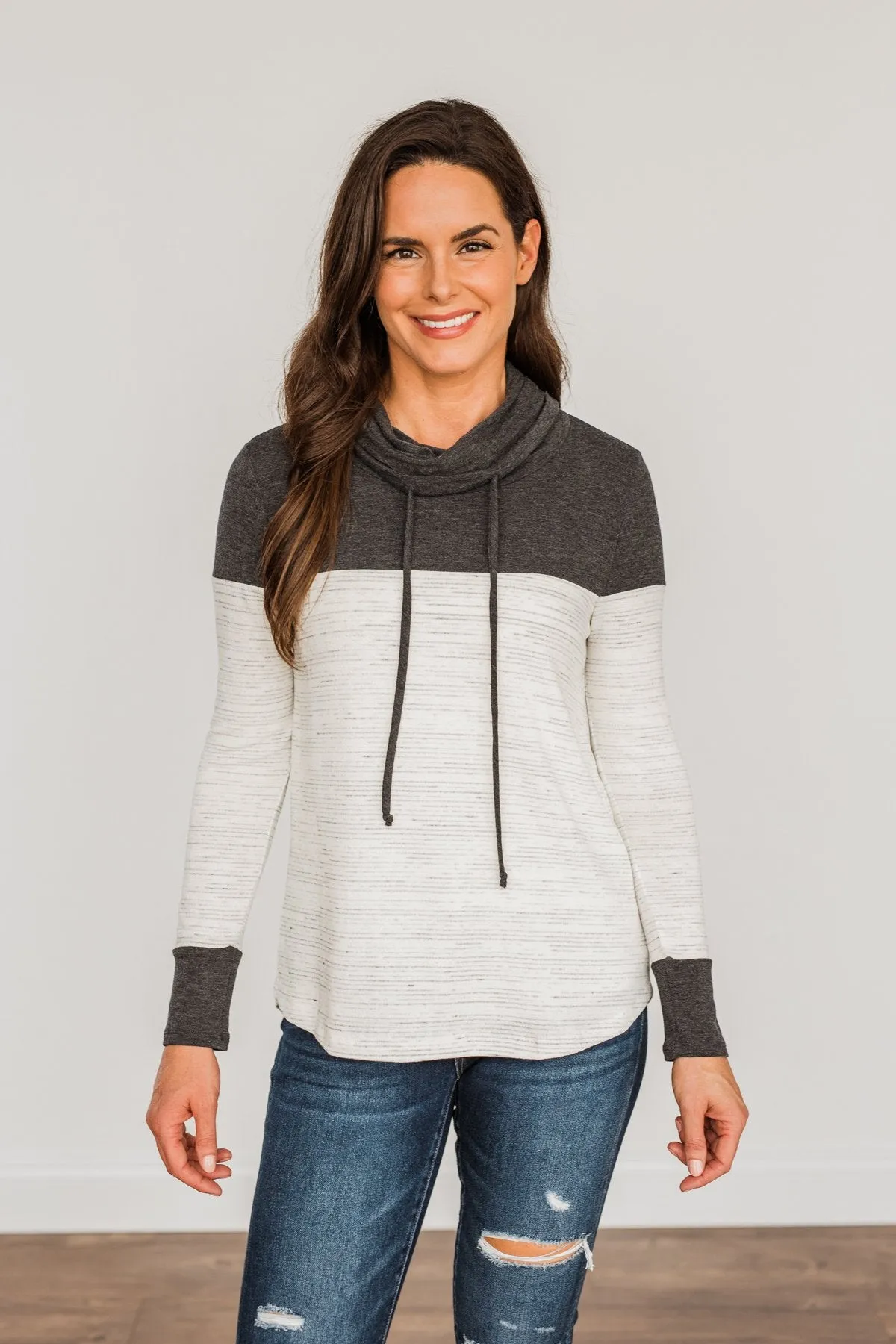 Live Well Cowl Neck Color Block Top- Ivory & Charcoal