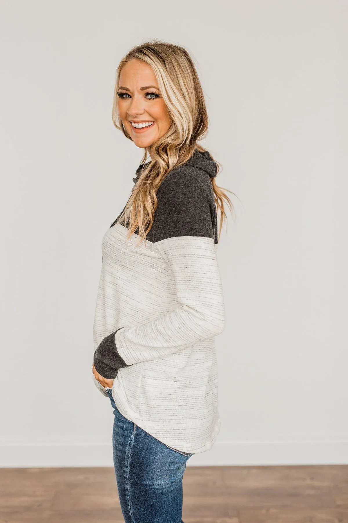 Live Well Cowl Neck Color Block Top- Ivory & Charcoal