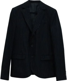 McQ Alexander McQueen Alexander McQueen Raw Hem Striped Blazer in Navy Blue Wool