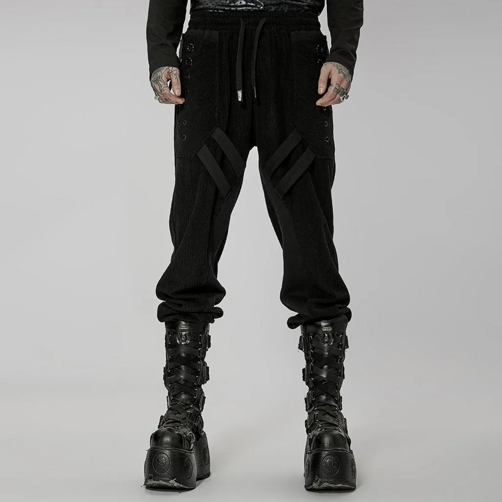 Men's Punk Buckles Splice Corduroy Black Pants