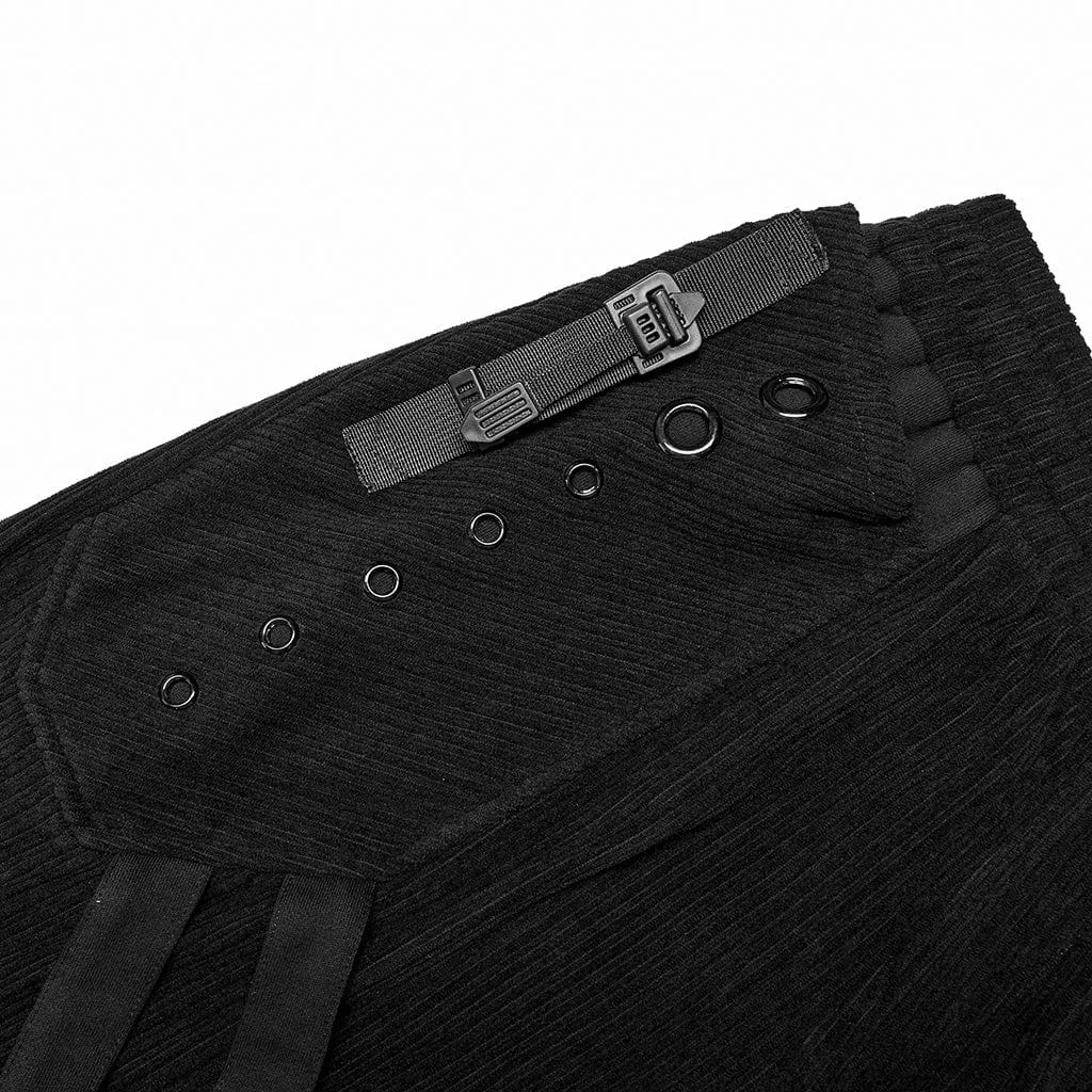 Men's Punk Buckles Splice Corduroy Black Pants