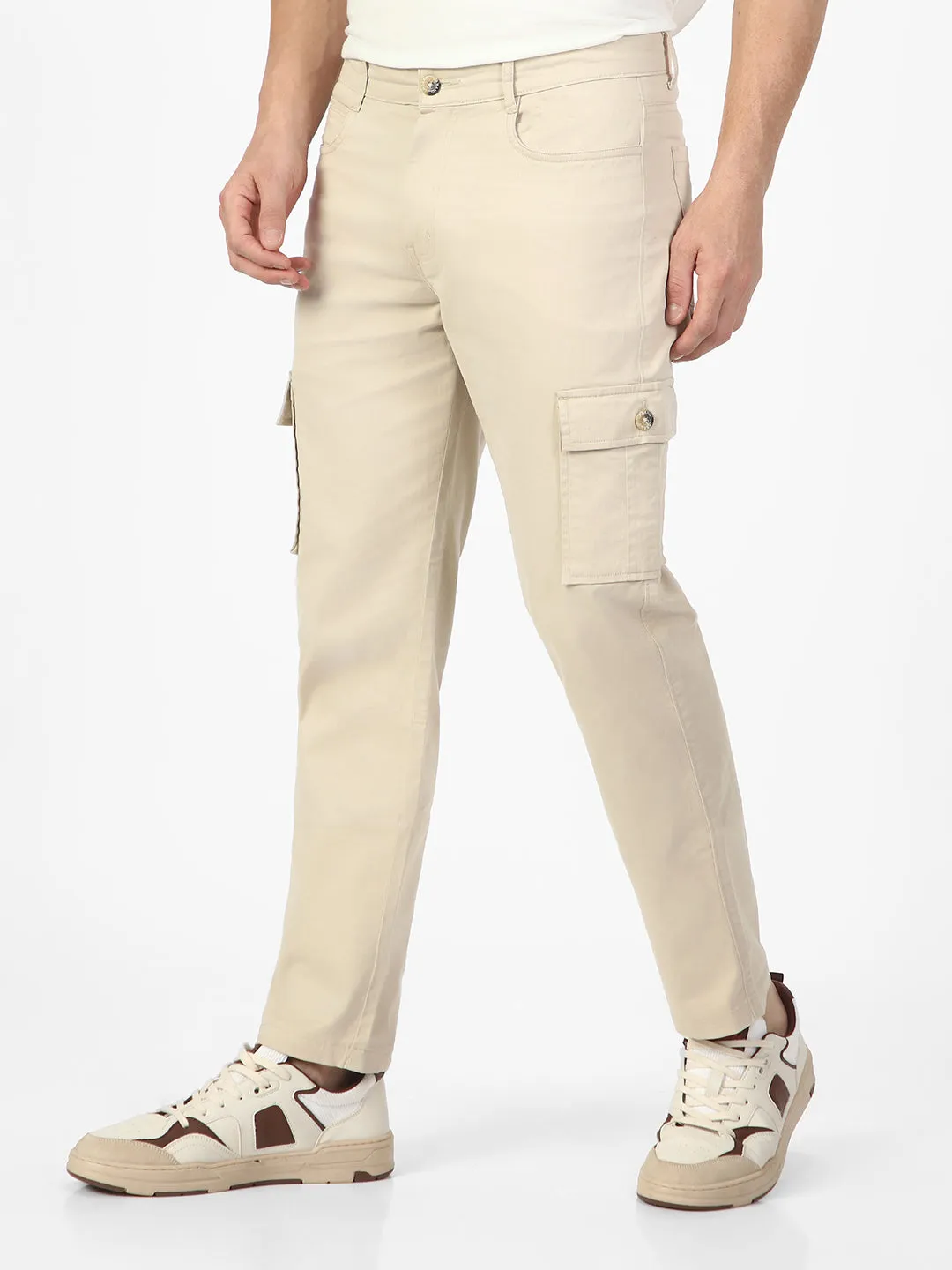 Men's Sand Regular Fit Solid Cargo Chino Pant with 6 Pockets Stretchable