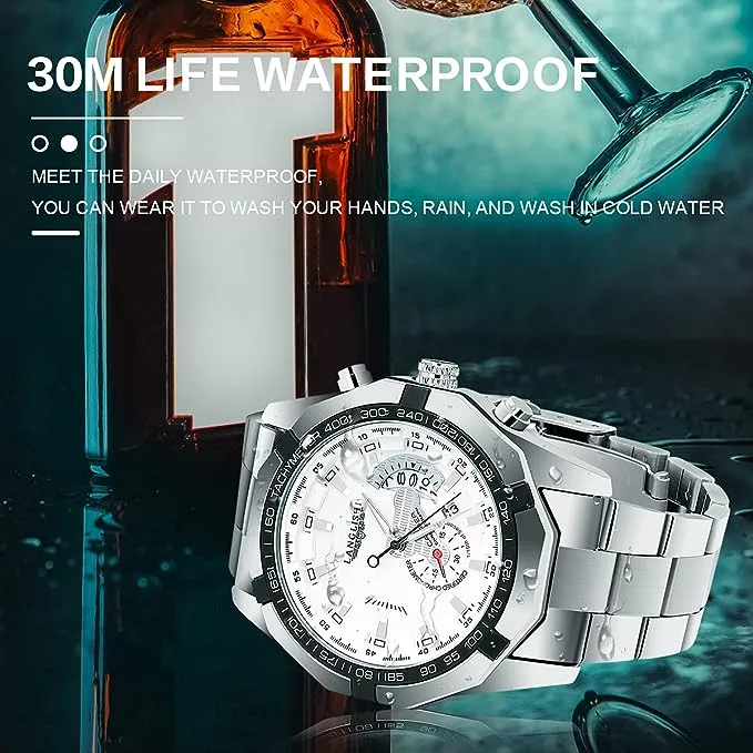 Mens Watches Fashion Waterproof Automatic Stainless Steel and Leather Chronograph Quartz Watch Business Auto Date Wristwatch S45