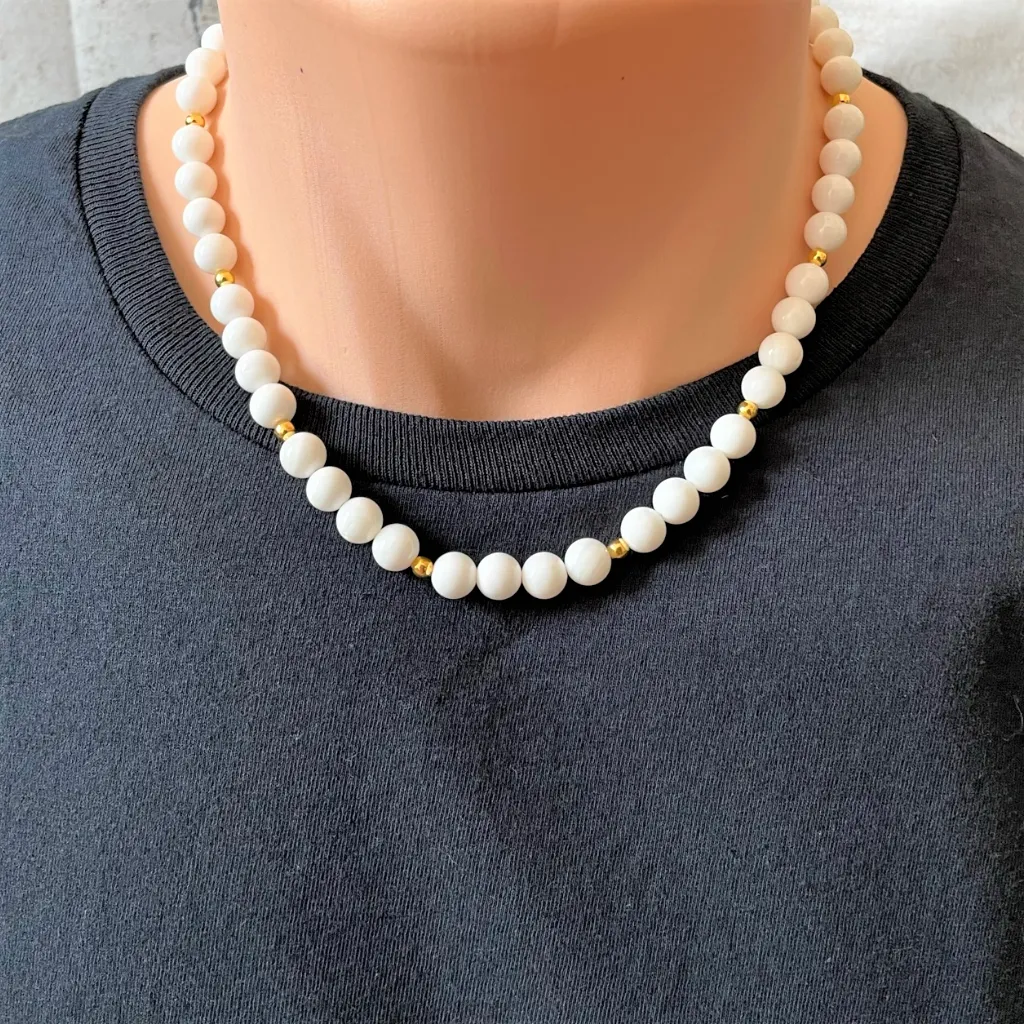 Mens White Shell and Gold Beaded Necklace