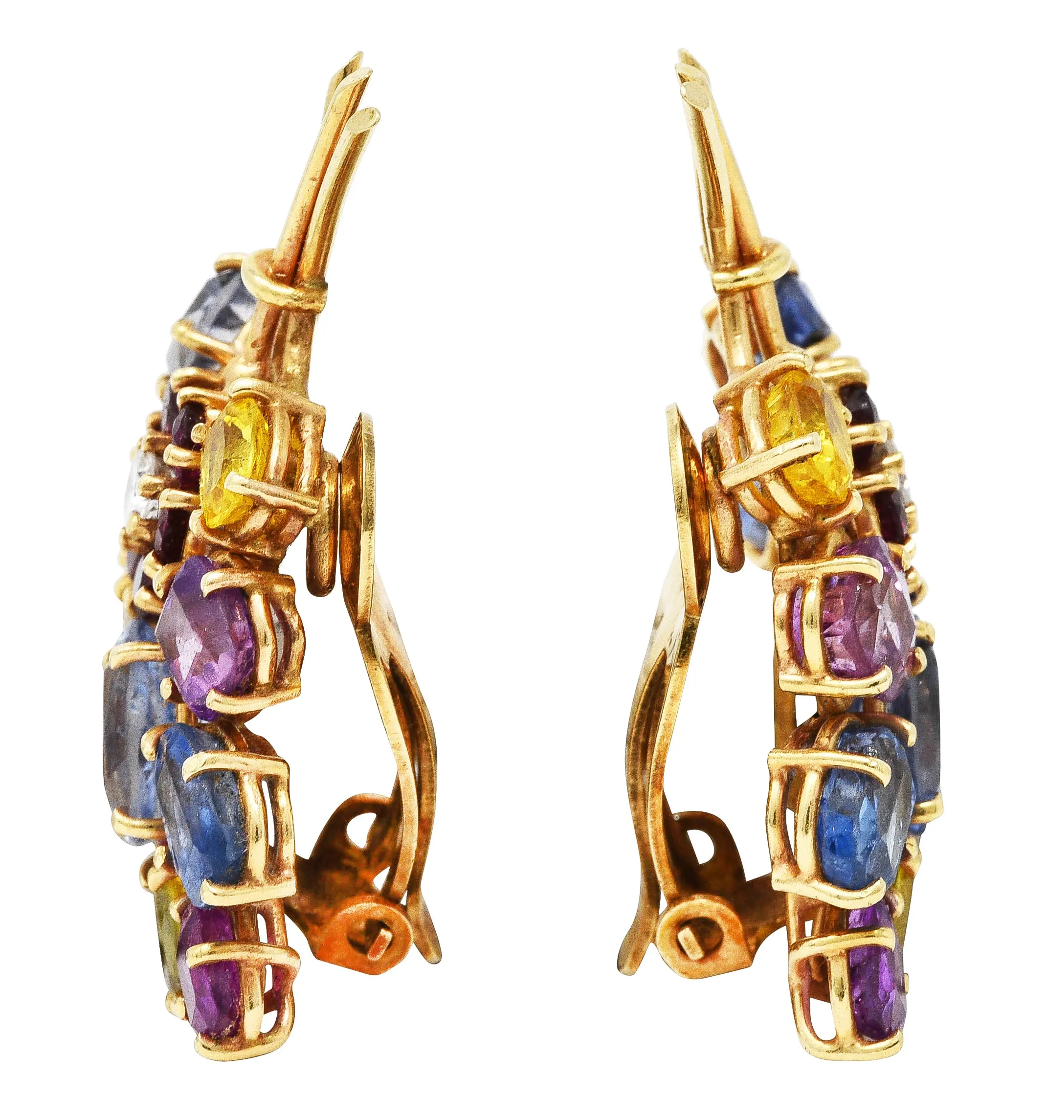 Mid-Century 9.00 CTW Sapphire & Fancy Sapphire Ruby Diamond 14 Karat Rose Gold Ear-Clip Earrings