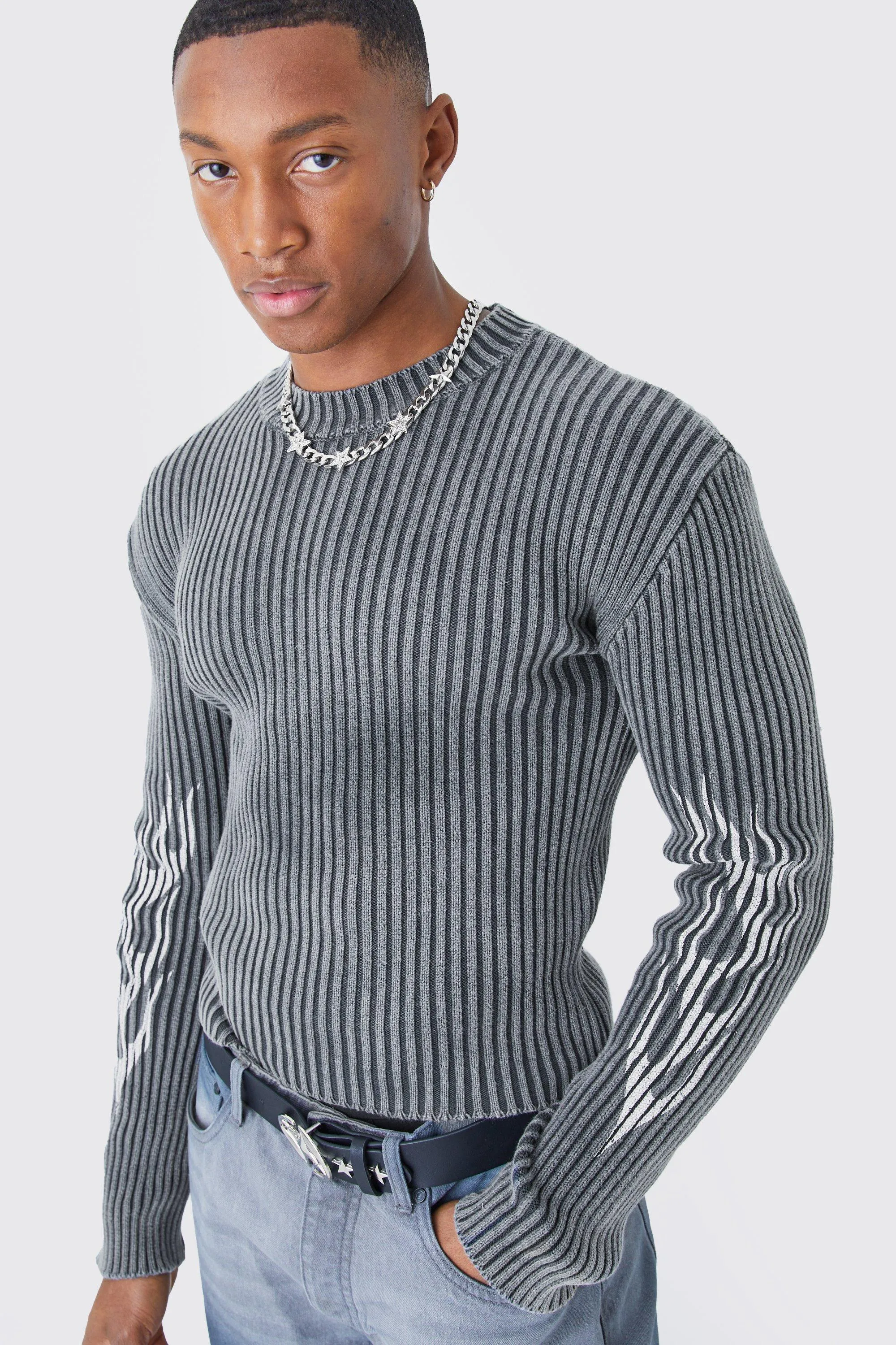 Muscle Fit Ribbed Acid Wash Knit Sweater