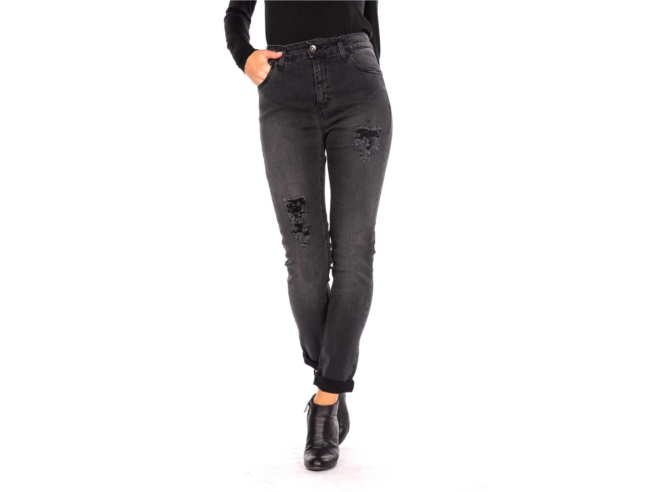 NO-NA' Jeans Strappati Borchiette Nero 3620 T76