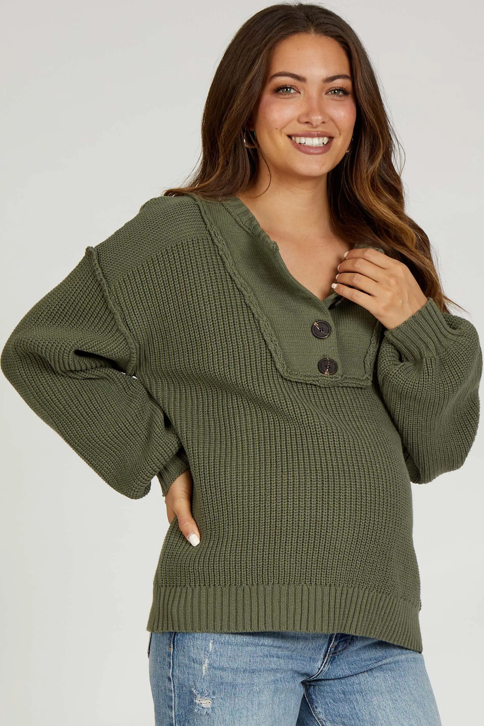 Olive Front Button Knit Maternity Sweater