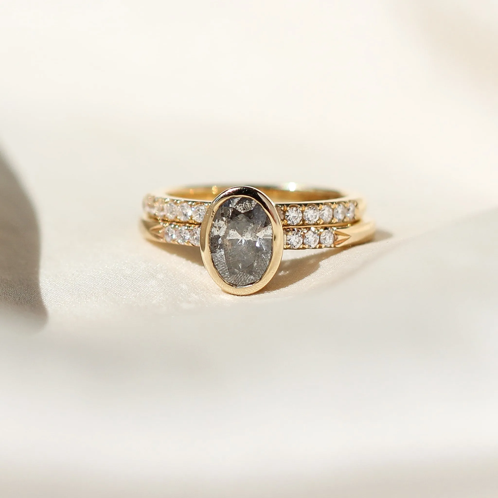 Oval Bezel Salt and Pepper Diamond Ring