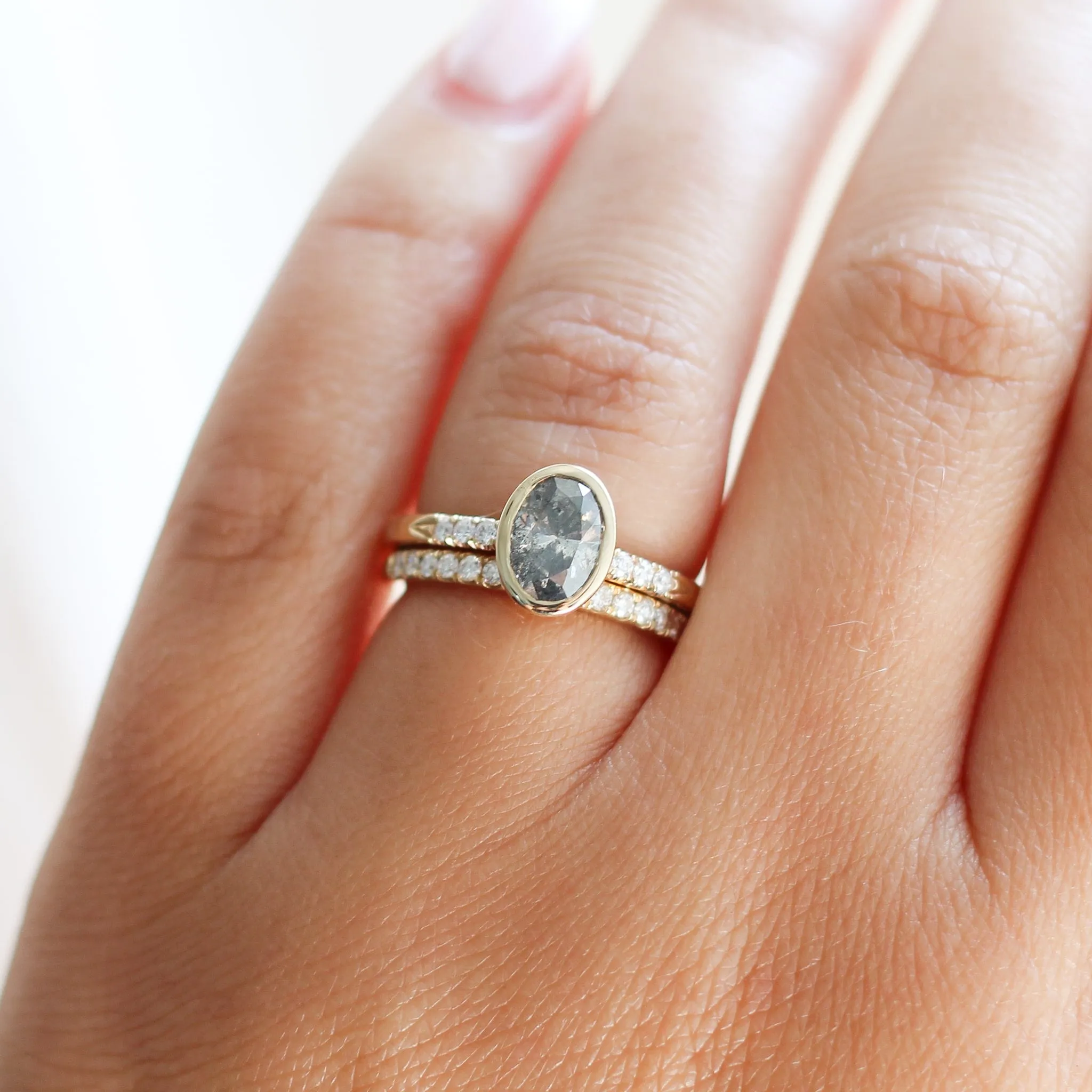 Oval Bezel Salt and Pepper Diamond Ring