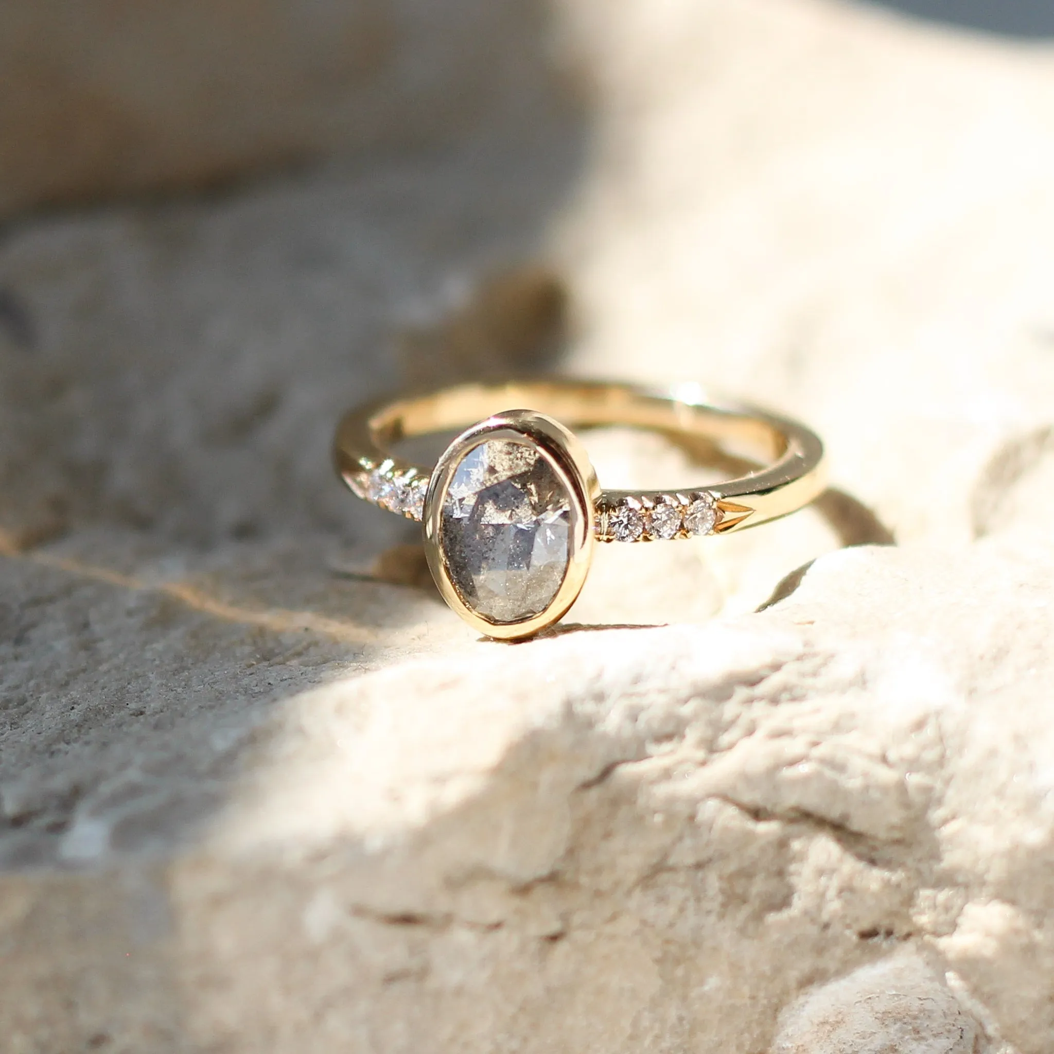 Oval Bezel Salt and Pepper Diamond Ring