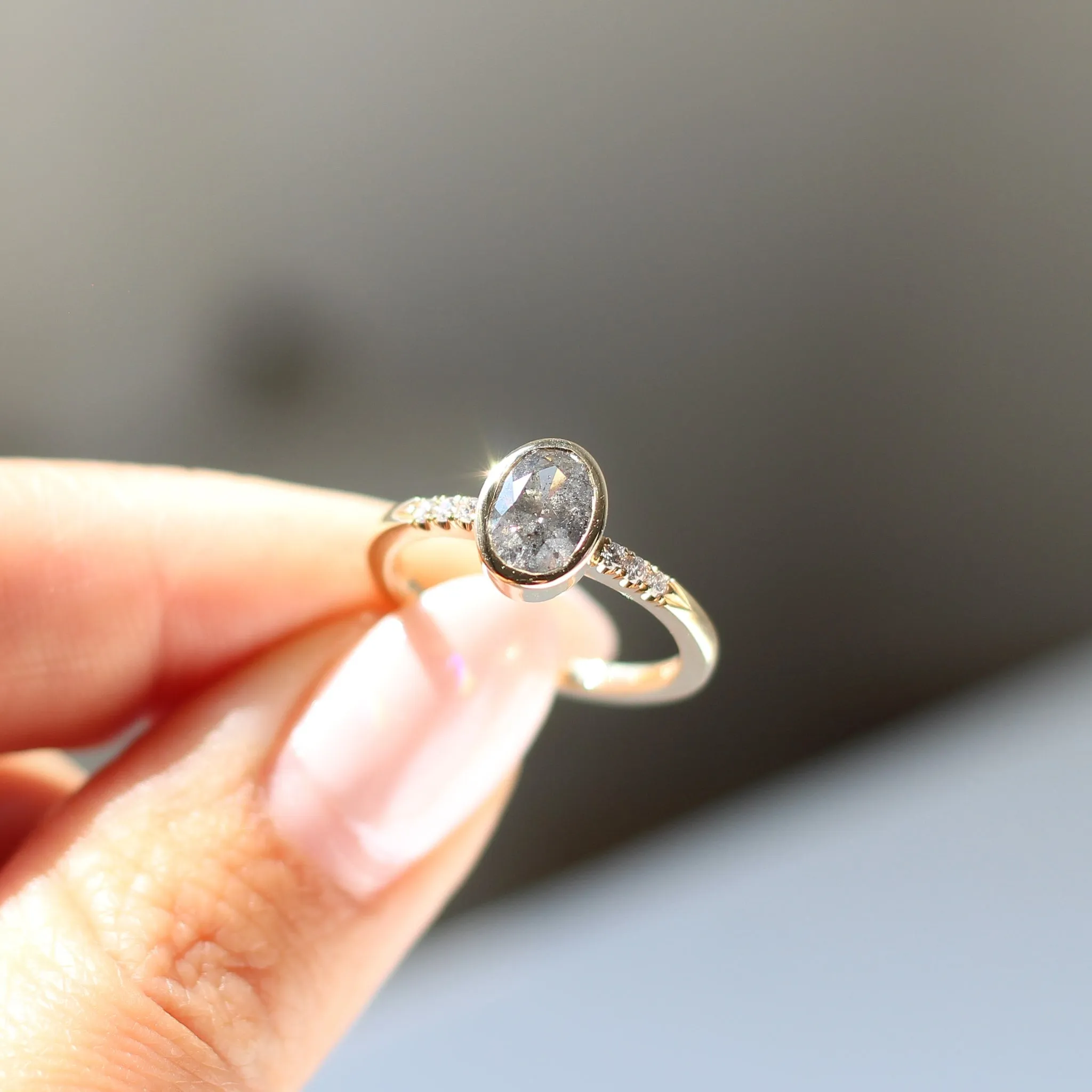 Oval Bezel Salt and Pepper Diamond Ring