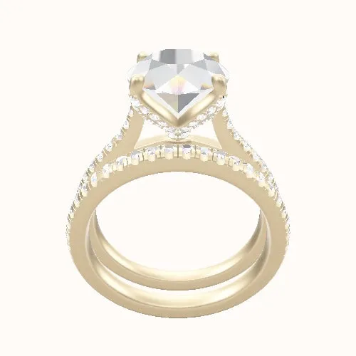 Pave Cathedral Engagement Ring With Pave Petal Four Prong Head and Matching Band