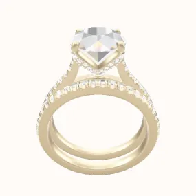 Pave Cathedral Engagement Ring With Pave Petal Four Prong Head and Matching Band