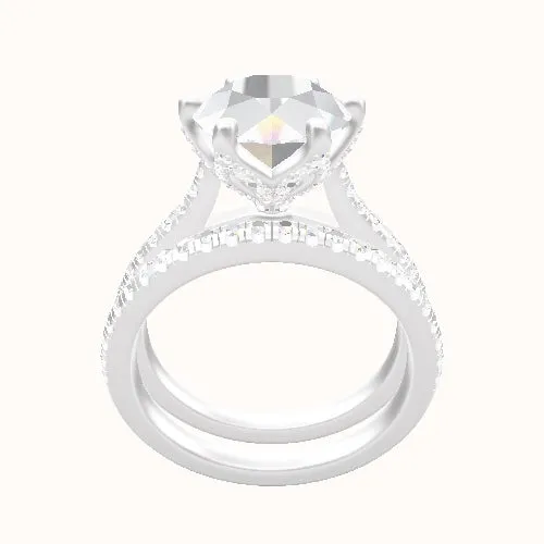 Pave Cathedral Engagement Ring With Pave Petal Six Prong Head and Matching Band